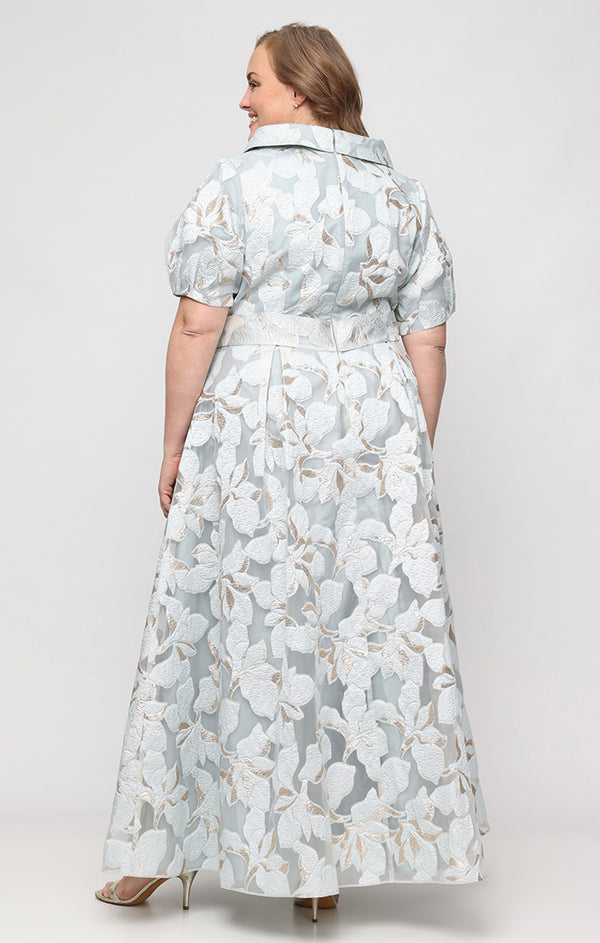 Ice Blue Collared V-Neck Floor-Length Jacquard Plus Size A-Line Dress with Tie Waist Alex Evenings 8481278