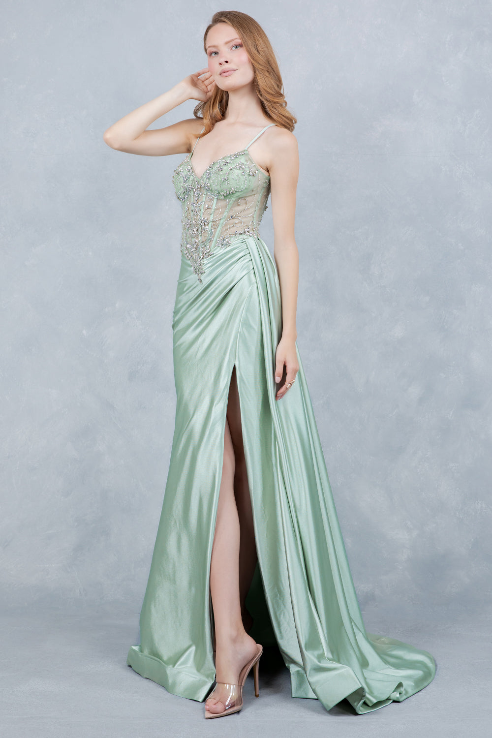 Prom Dresses Long Formal Beaded Corset Prom Dress Cinderella Couture 8483J Sage