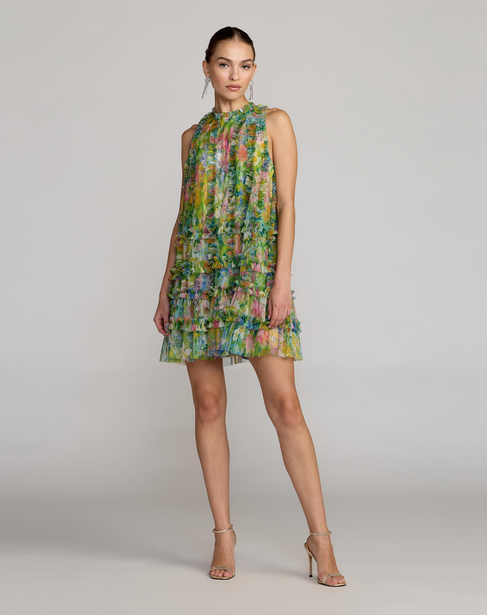 Cocktail Dresses Mini Print Floral Short Ruffle Cocktail Dress Mac Duggal 8488 Green Multi