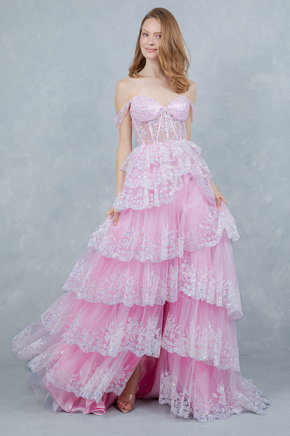 Prom Dresses Long Formal Ruffle Lace Applique Prom Dress Cinderella Couture 8499J Ab Pink