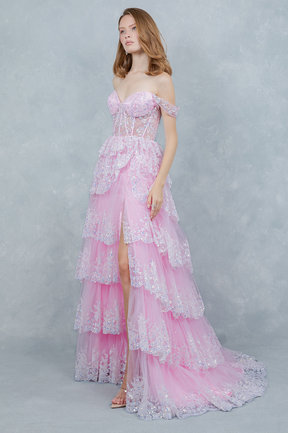 Prom Dresses Long Formal Ruffle Lace Applique Prom Dress Cinderella Couture 8499J Ab Pink