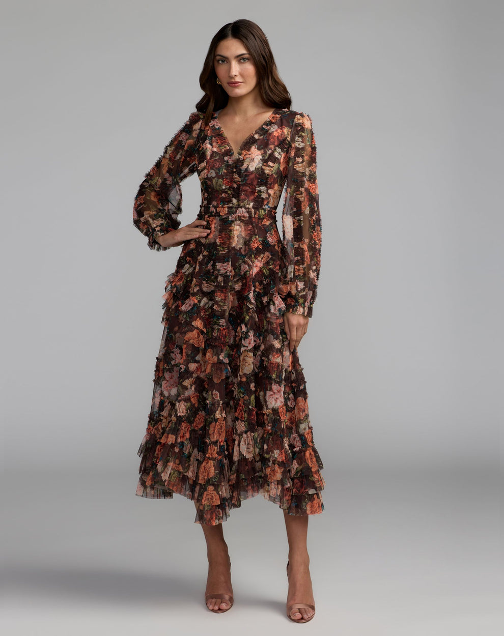 V-Neck Midi Chiffon Cocktail Fit & Flare Mac Duggal 8509