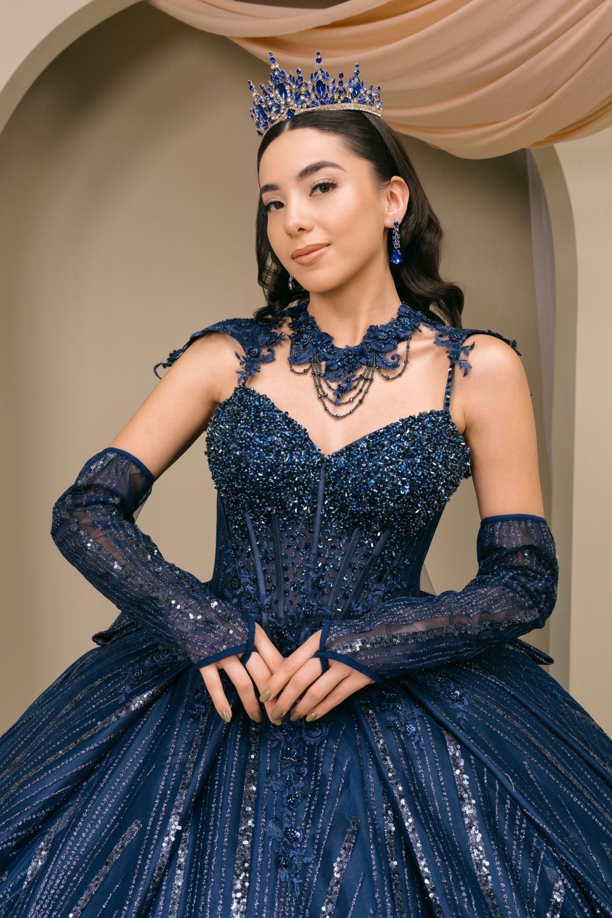 Quinceniera Dresses Long Cape Ball Gown Beaded Corset Quinceanera Dress Cinderella Couture 8510JQ Navy