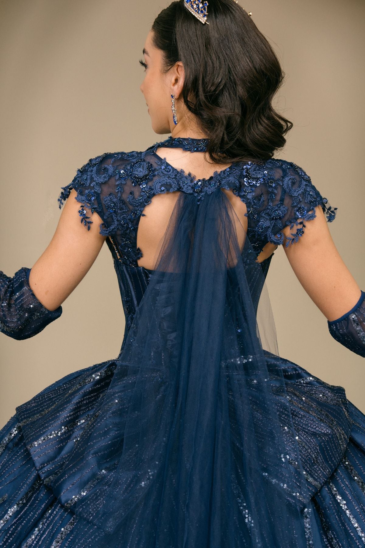 Quinceniera Dresses Long Cape Ball Gown Beaded Corset Quinceanera Dress Cinderella Couture 8510JQ Navy