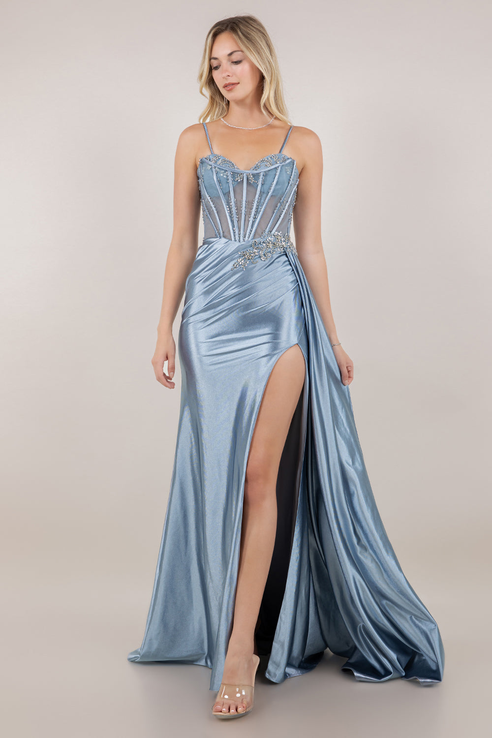 Prom Dresses Beaded Corset Long Formal Prom Dress Dusty Blue
