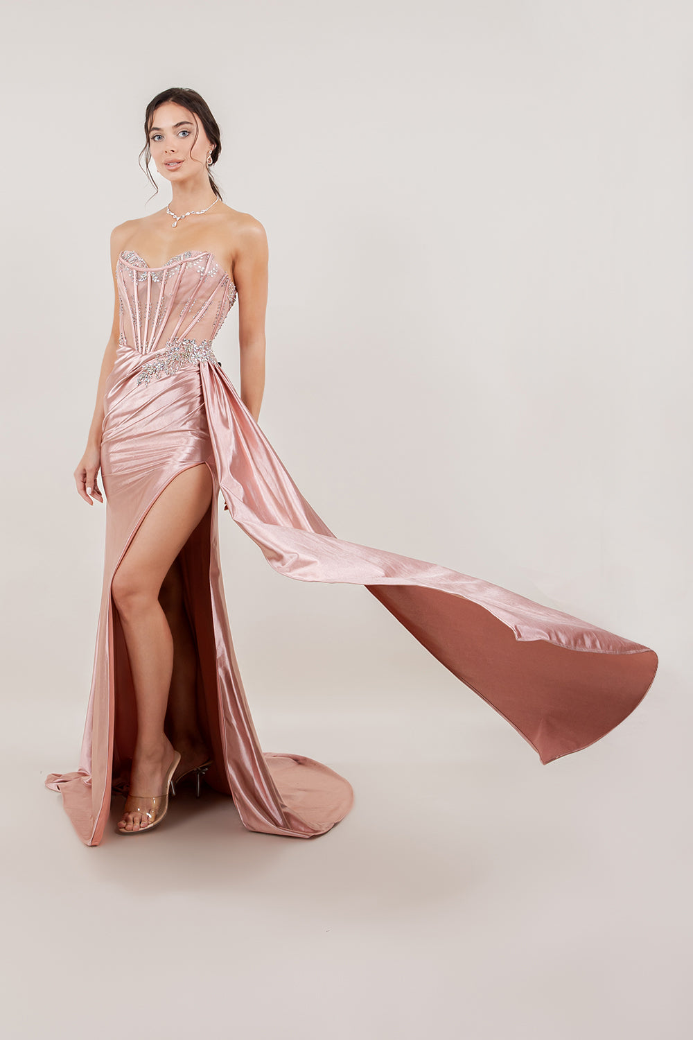 Prom Dresses Beaded Corset Long Formal Prom Dress Rose