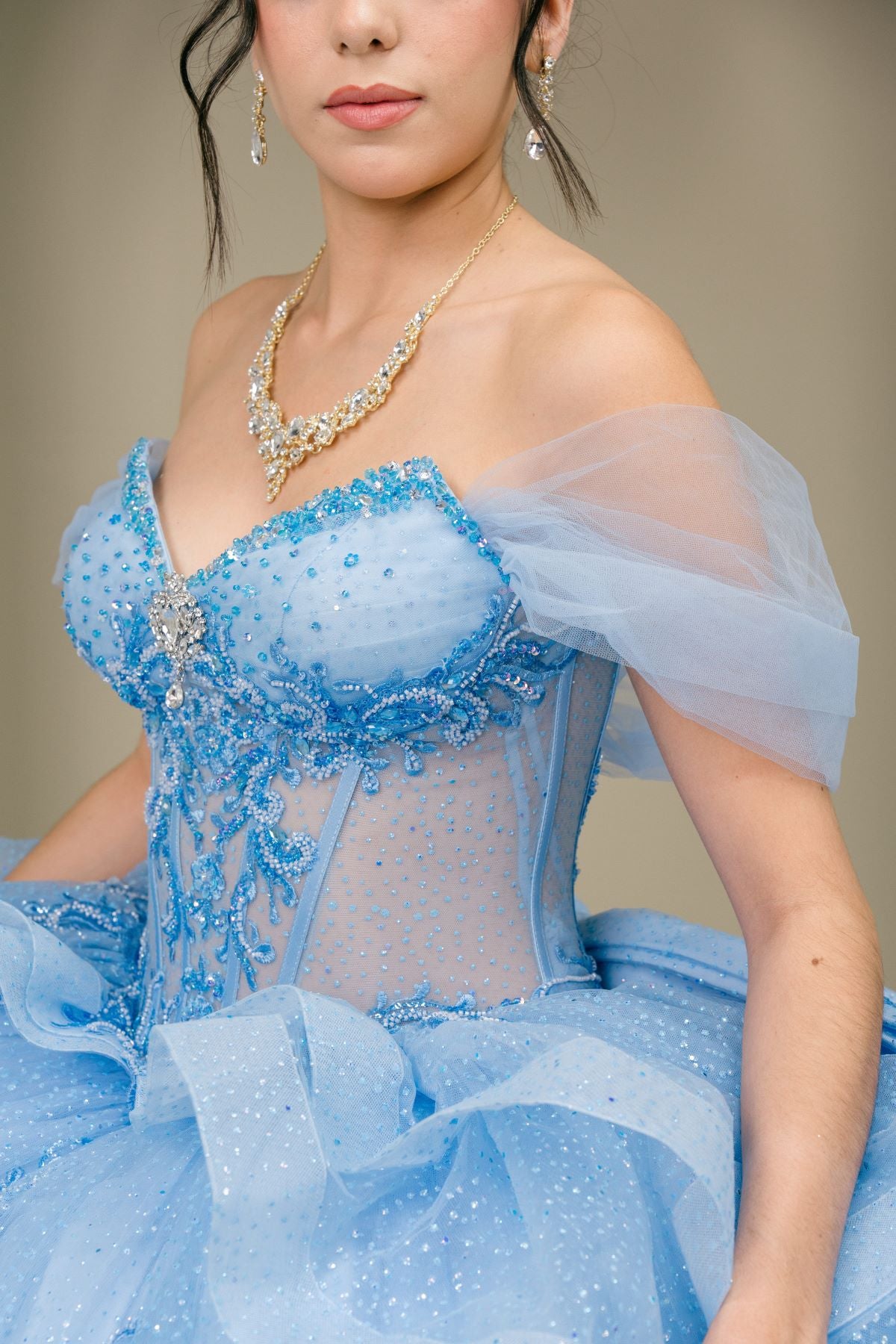 Off-the-Shoulder Floor-Length with Train Tulle Quinceañera Ball Gown Cinderella Couture 8520JQ
