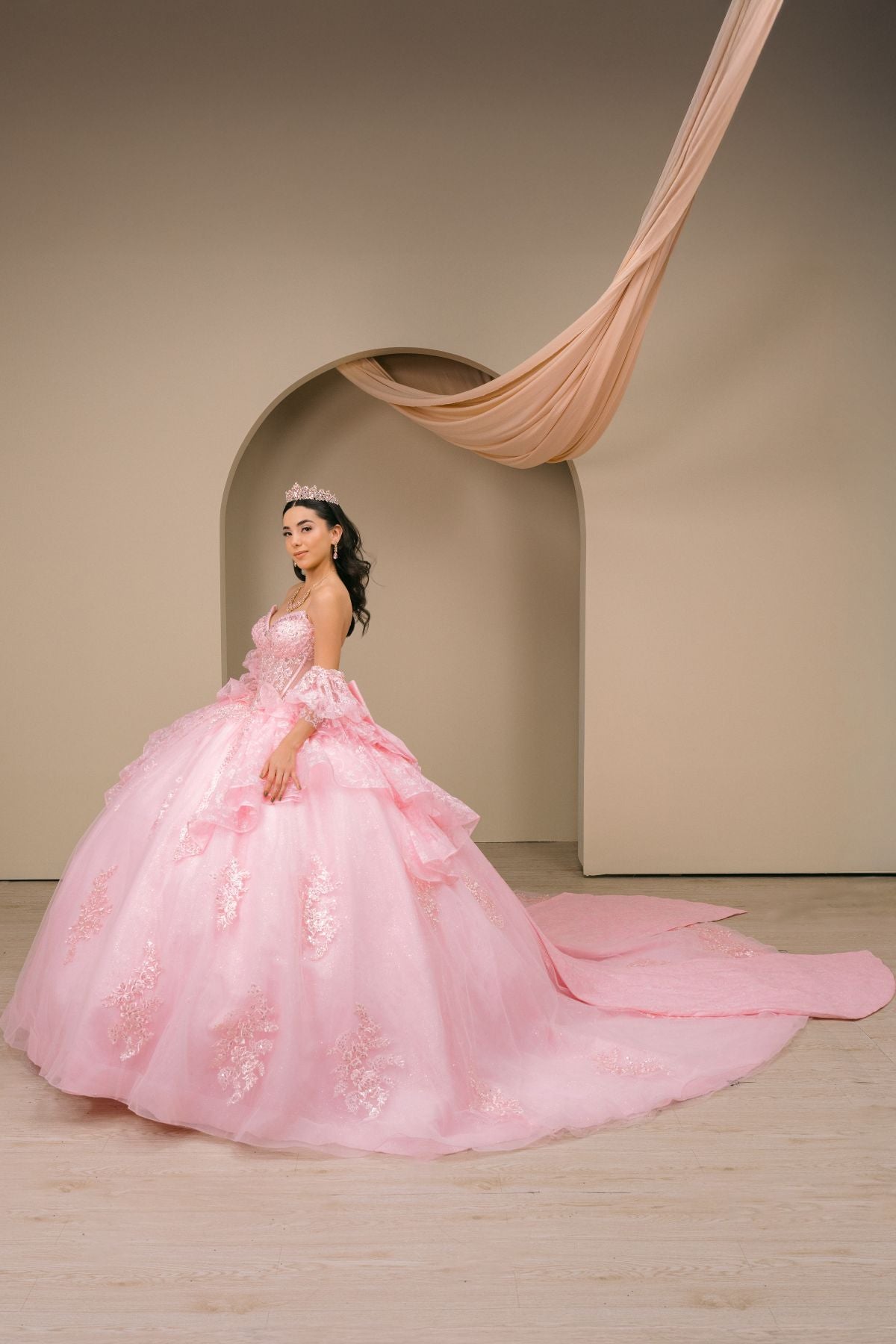 Quinceniera Dresses Long Ball Gown Corset Floral Quinceanera Dress Cinderella Couture 8535JQ Pink
