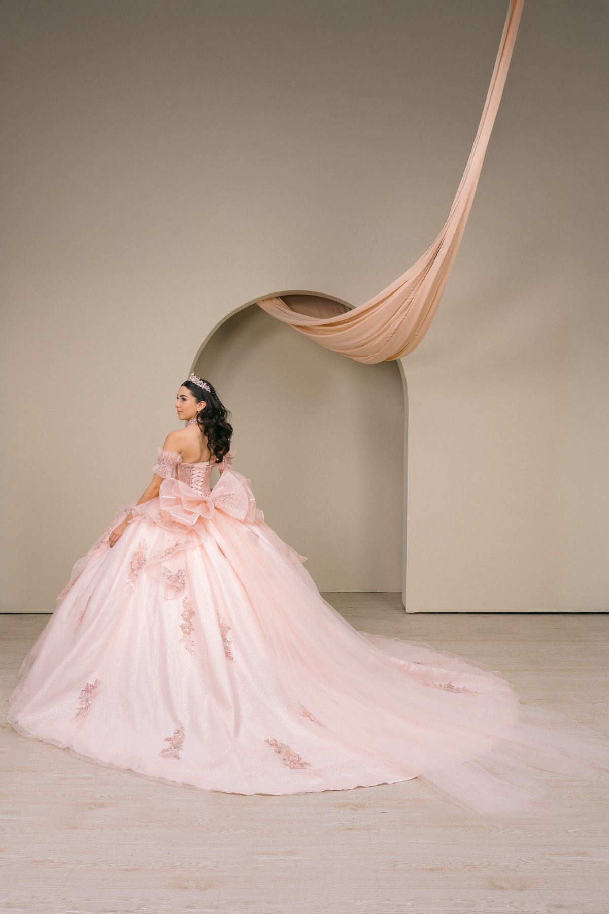 Quinceniera Dresses Floral Applique Long Corset Beaded Quinceanera Dress Cinderella Couture 8540JQ Blush