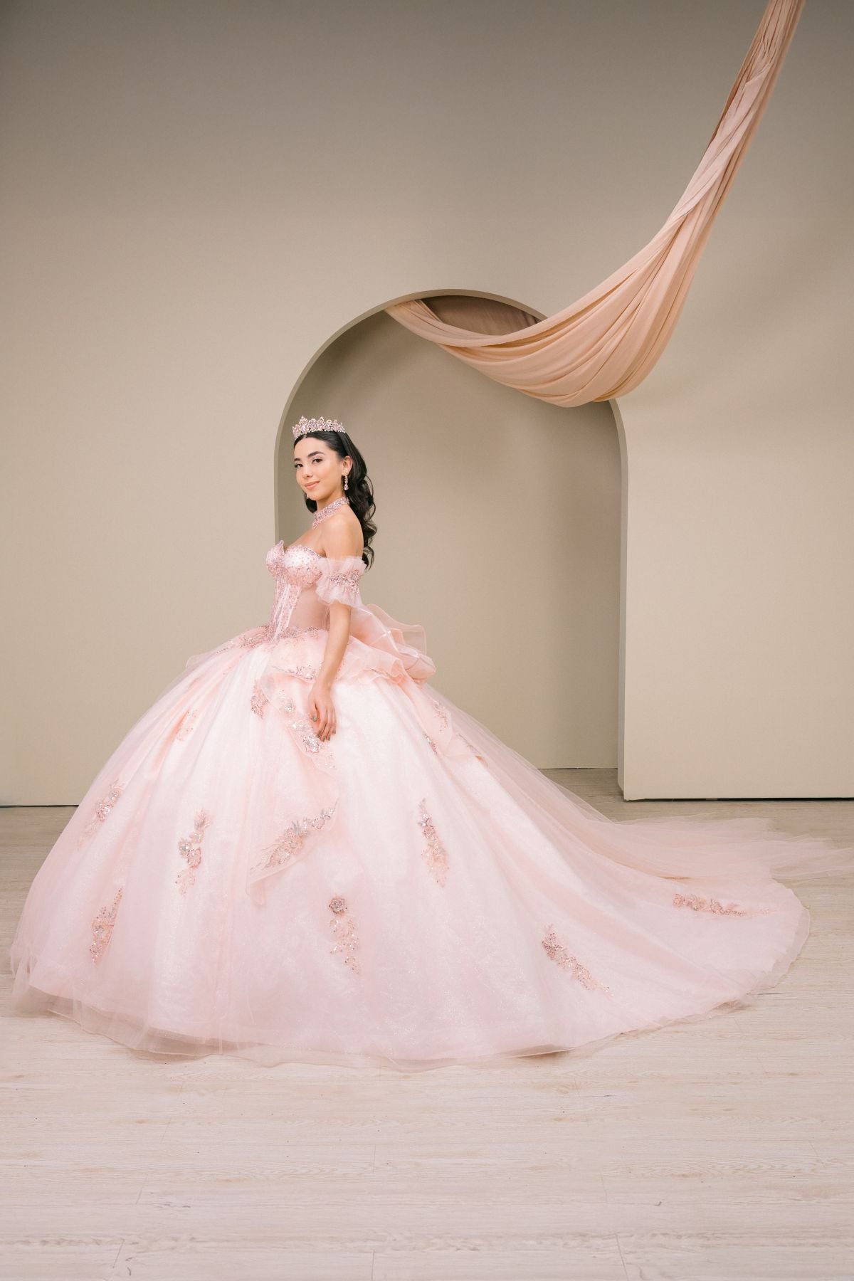Quinceniera Dresses Floral Applique Long Corset Beaded Quinceanera Dress Cinderella Couture 8540JQ Blush