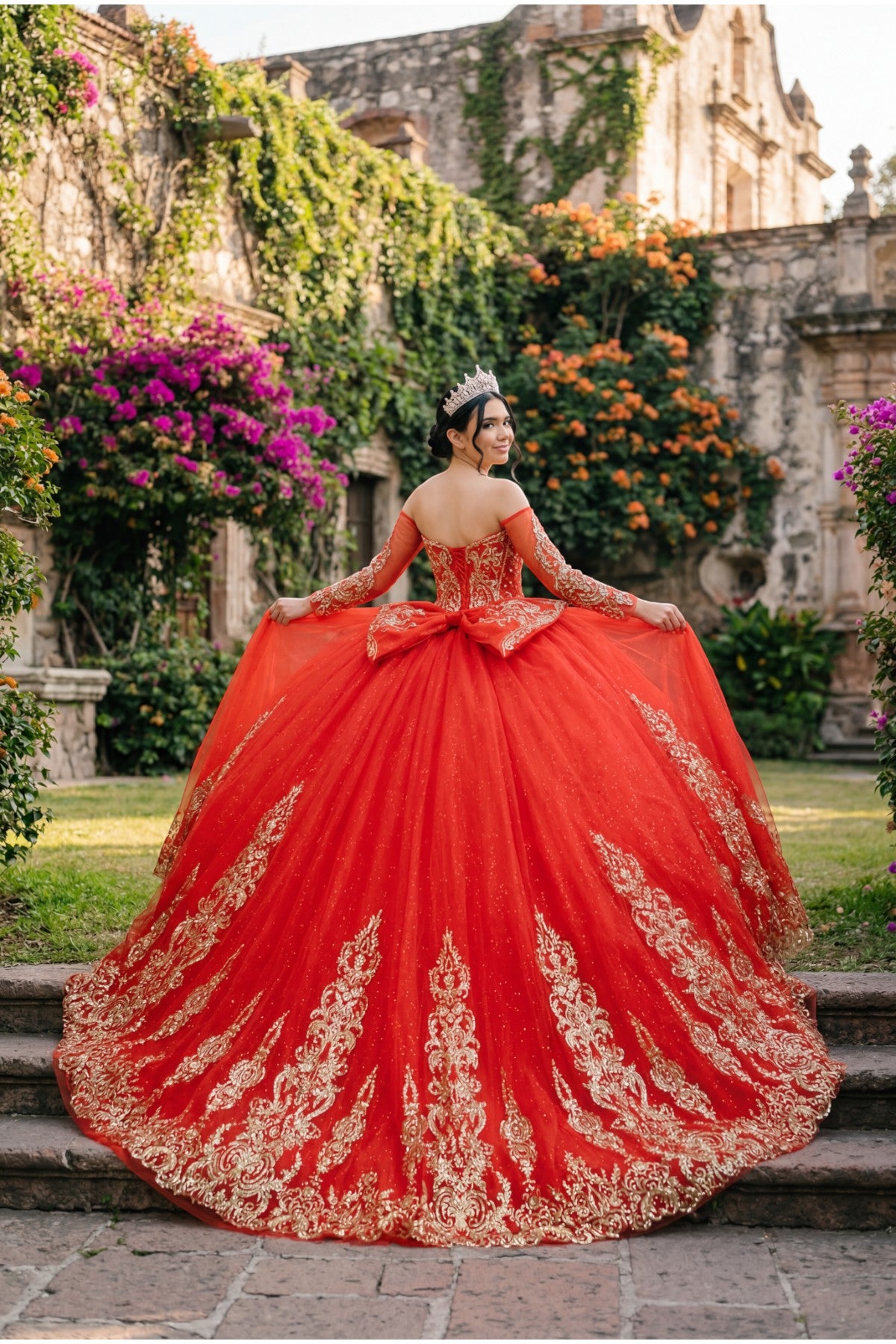 Off-the-Shoulder Floor-Length with Train Tulle Quinceañera Ball Gown Cinderella Couture 8545JQ