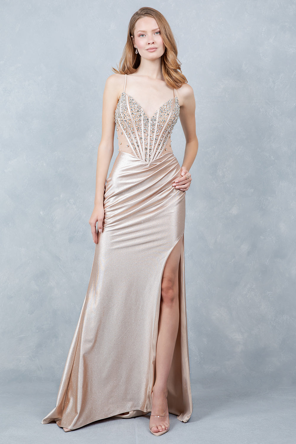 Prom Dresses Long Formal Fitted Corset Beaded Prom Dress Cinderella Couture 8562J Champagne
