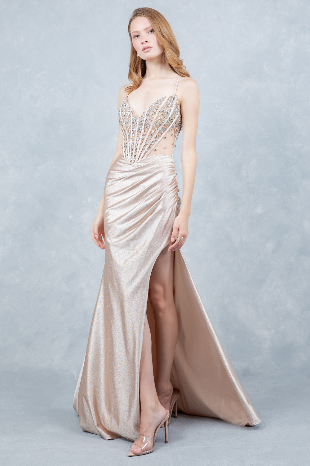 Prom Dresses Long Formal Fitted Corset Beaded Prom Dress Cinderella Couture 8562J Champagne