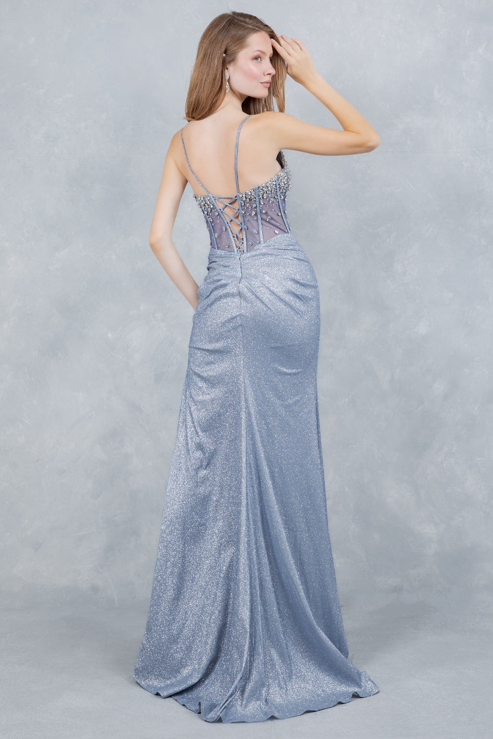 Prom Dresses Long Formal Fitted Corset Beaded Prom Dress Cinderella Couture 8562J Dusty Blue