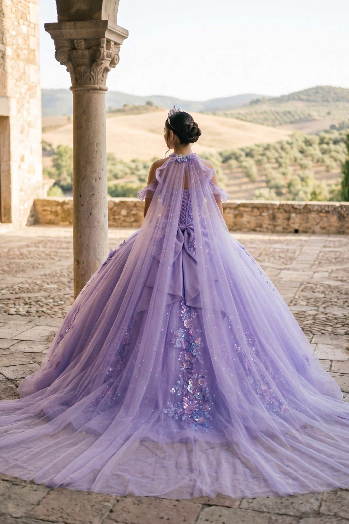Off-the-Shoulder Floor-Length with Train Tulle Quinceañera Ball Gown Cinderella Couture 8585JQ