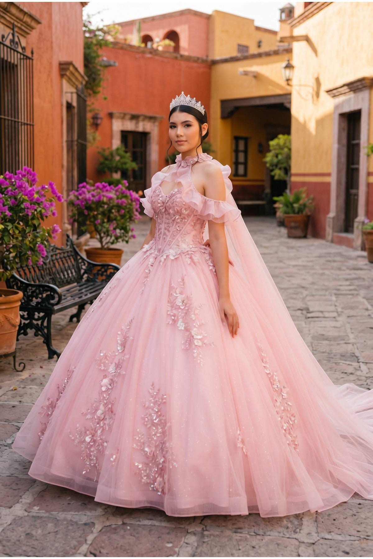 Off-the-Shoulder Floor-Length with Train Tulle Quinceañera Ball Gown Cinderella Couture 8585JQ