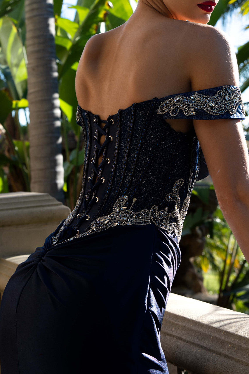 Prom Dresses Long Beaded Corset Prom Formal Dress Lenovia 8485 Navy Blue