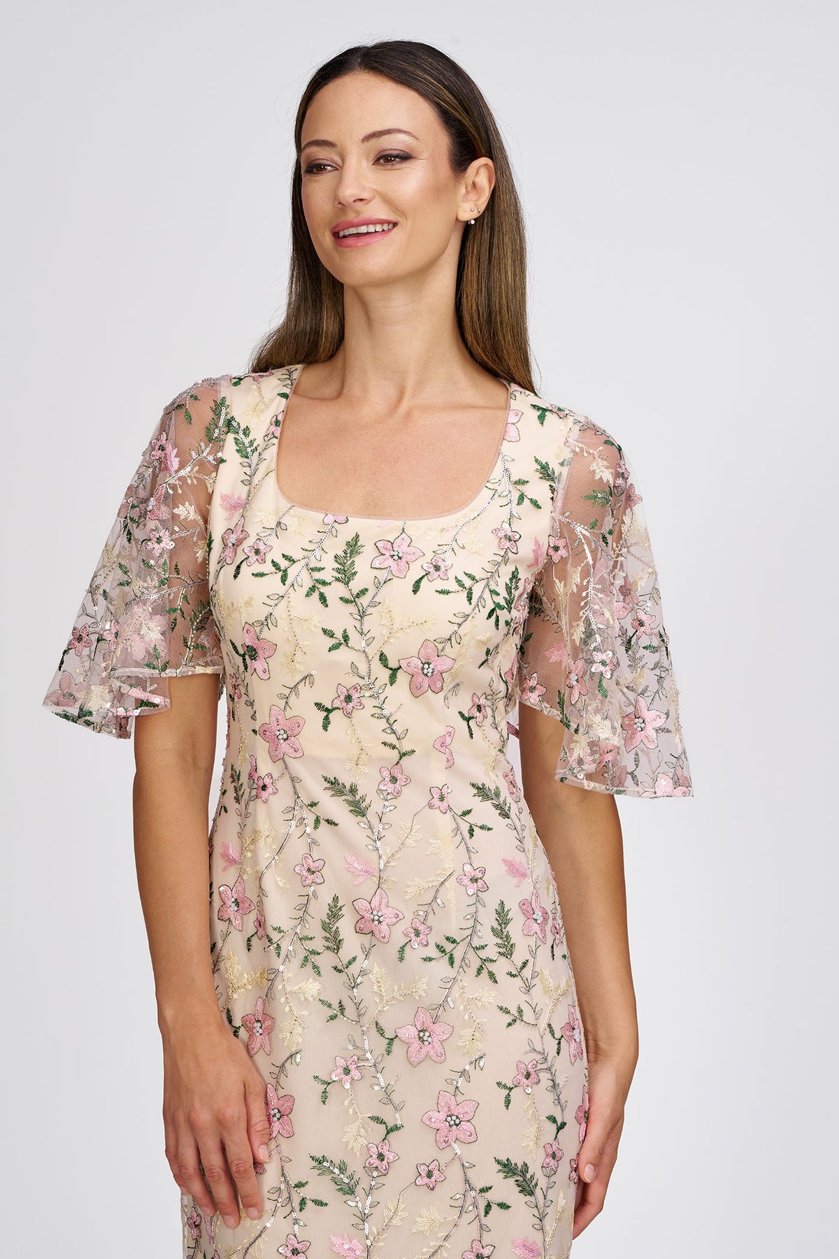 Floral Embroidered Flutter Sleeve Gown JS Collections 86113158
