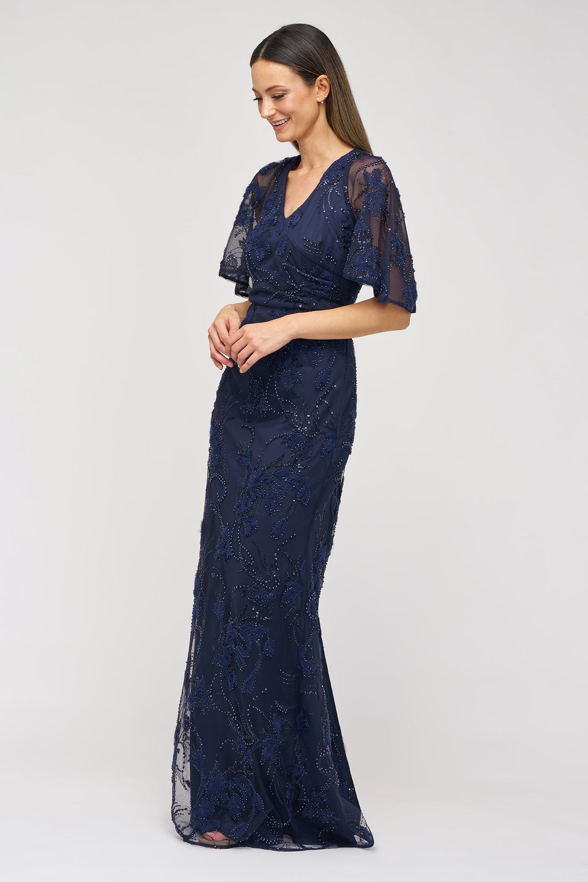 Navy Cape Sleeve Mermaid Gown JS Collections 86113580