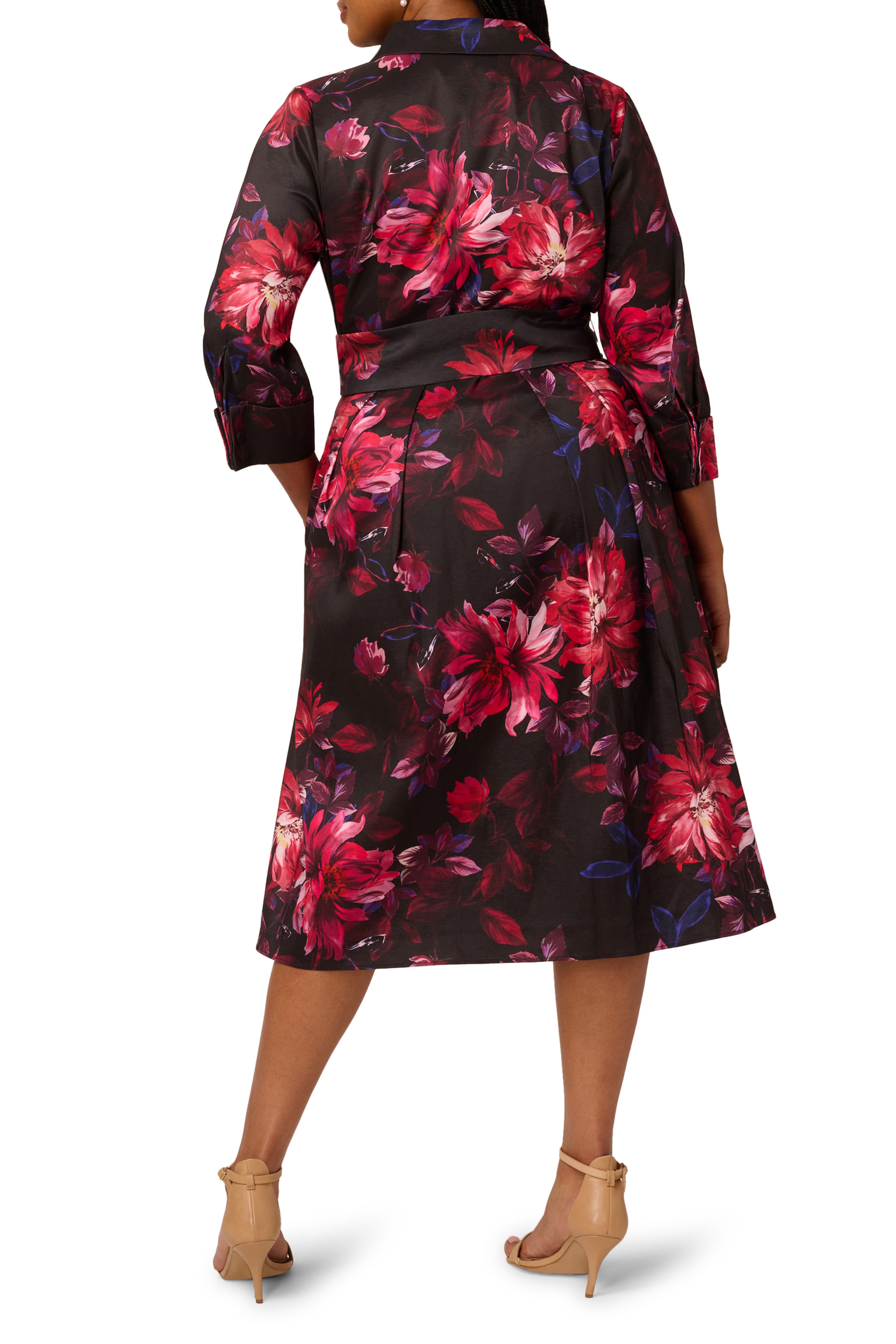Black Multi Adrianna Papell AP1E212267 V-Neck Midi Satin Cocktail Floral Dress
