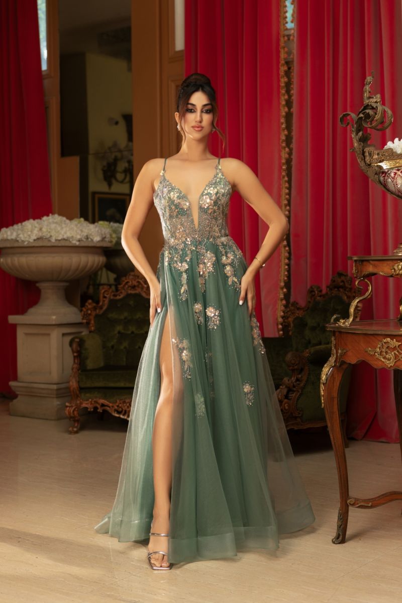 Sage V-Neck Floor-Length Tulle Prom Dress High Slit May Queen RQ8136