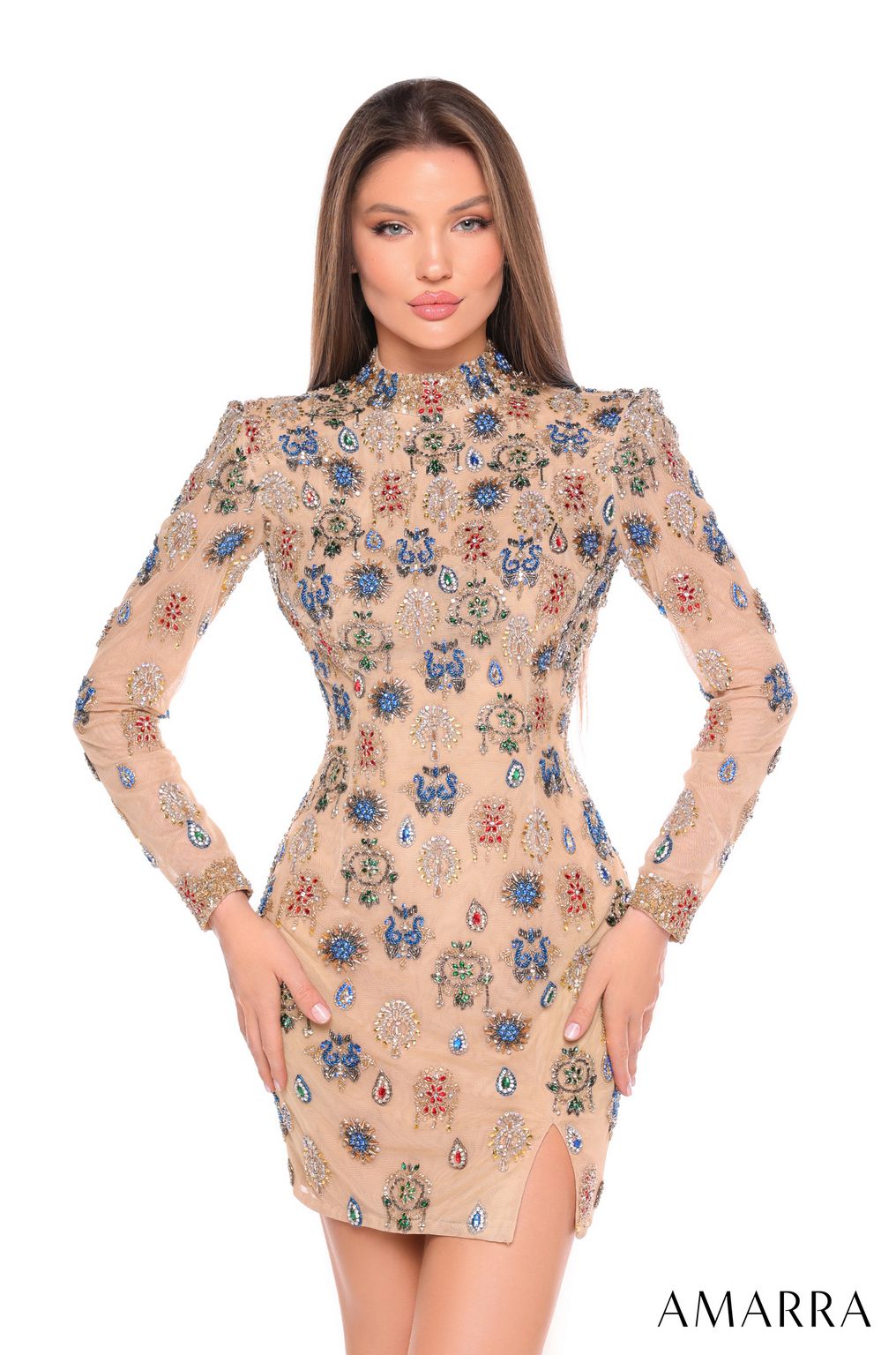 Cocktail Dresses Beaded Short Long Sleeve Fitted Cocktail Dress Nude/Multi