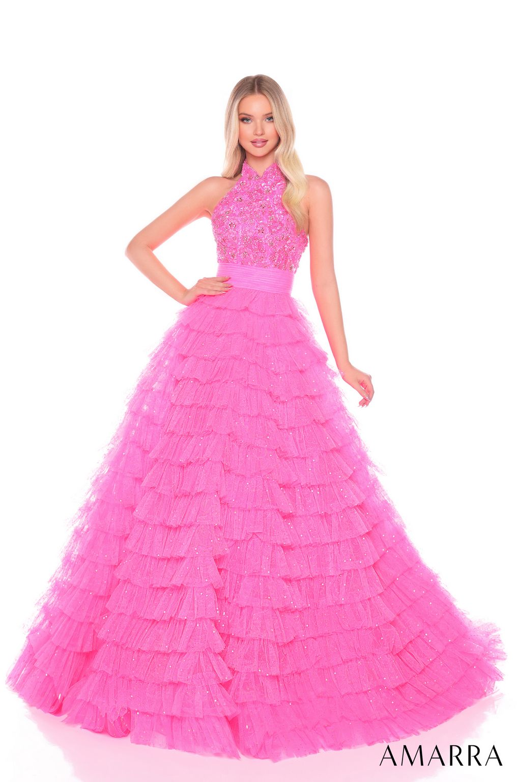 Prom Dresses Long A Line Beaded Ruffle Prom Dress Hot Pink