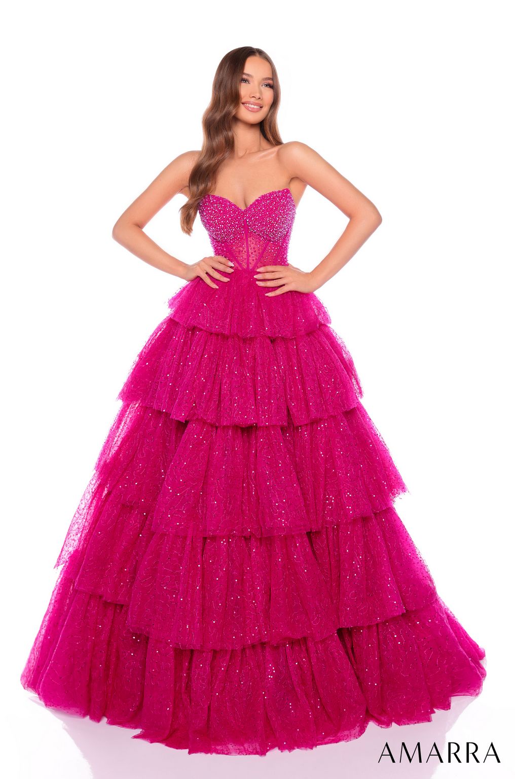 Prom Dresses Long Glitter A Line Layered Prom Dress Bright Fuchsia