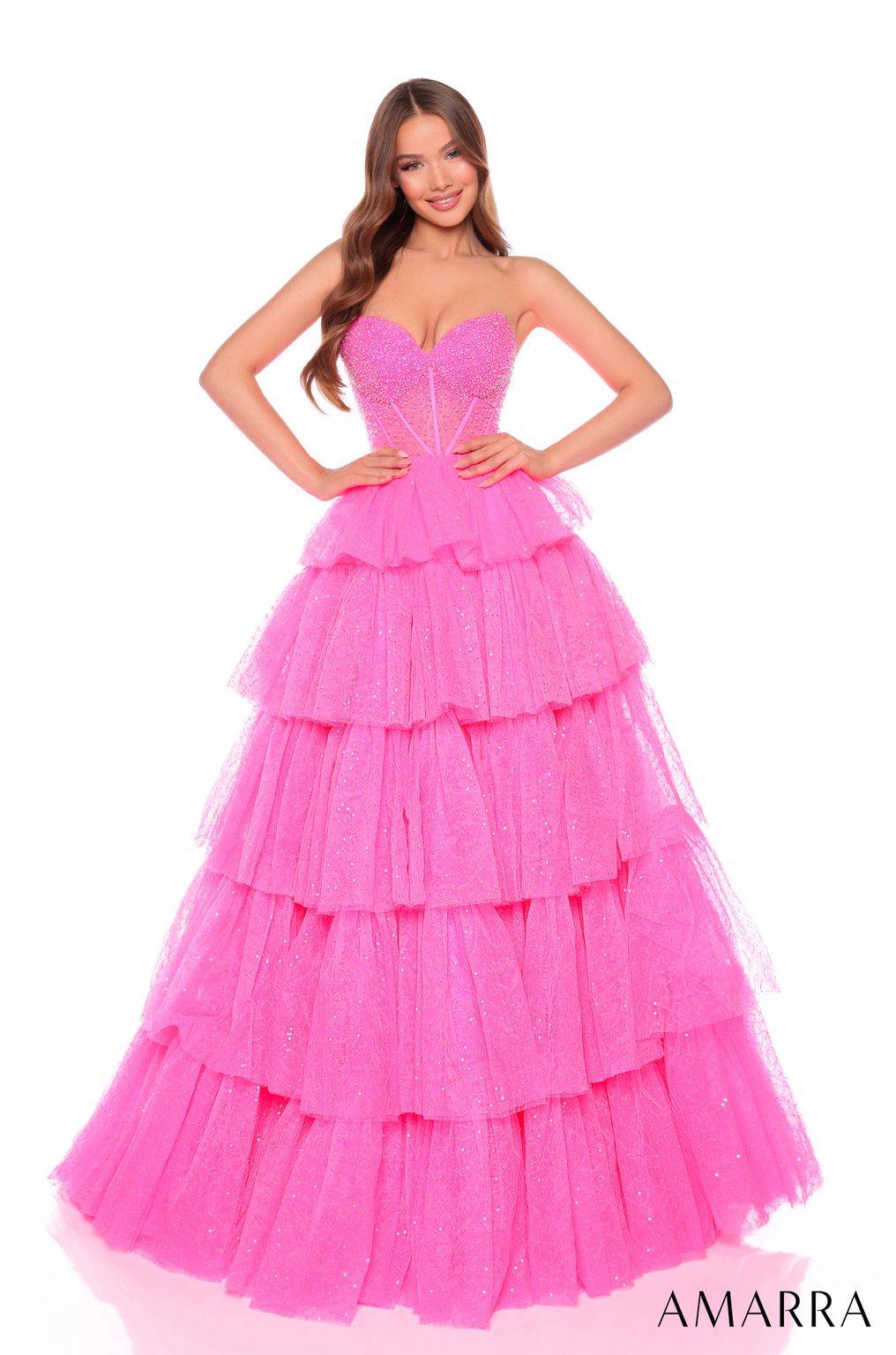 Prom Dresses Long Glitter A Line Layered Prom Dress Hot Pink
