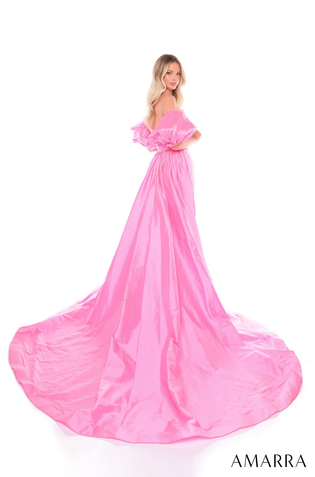 Prom Dresses Fitted Puff Sleeve Long Beaded Prom Dress Candy Pink