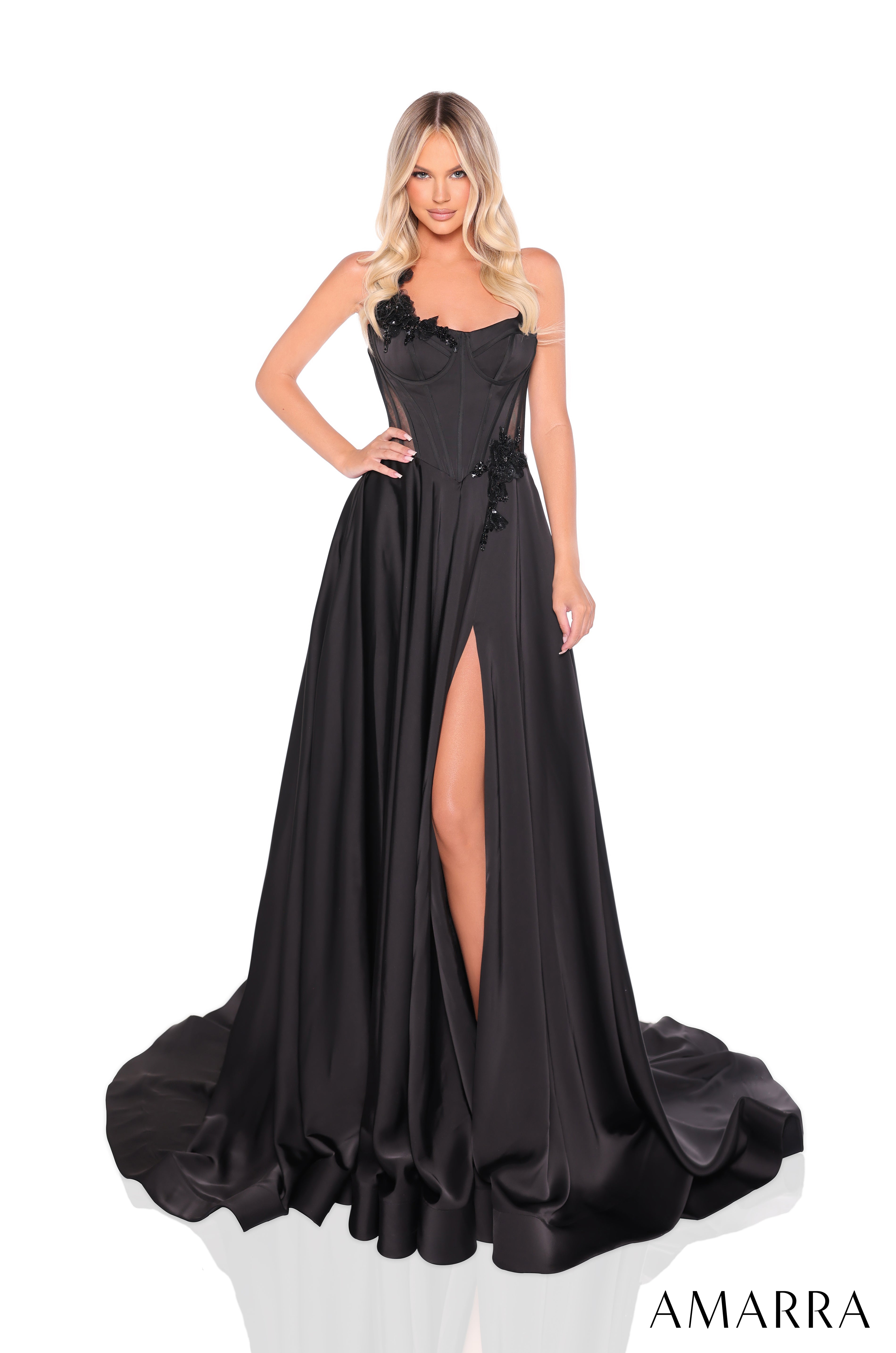Prom Dresses A Line Long Floral Formal Porm Dress Black