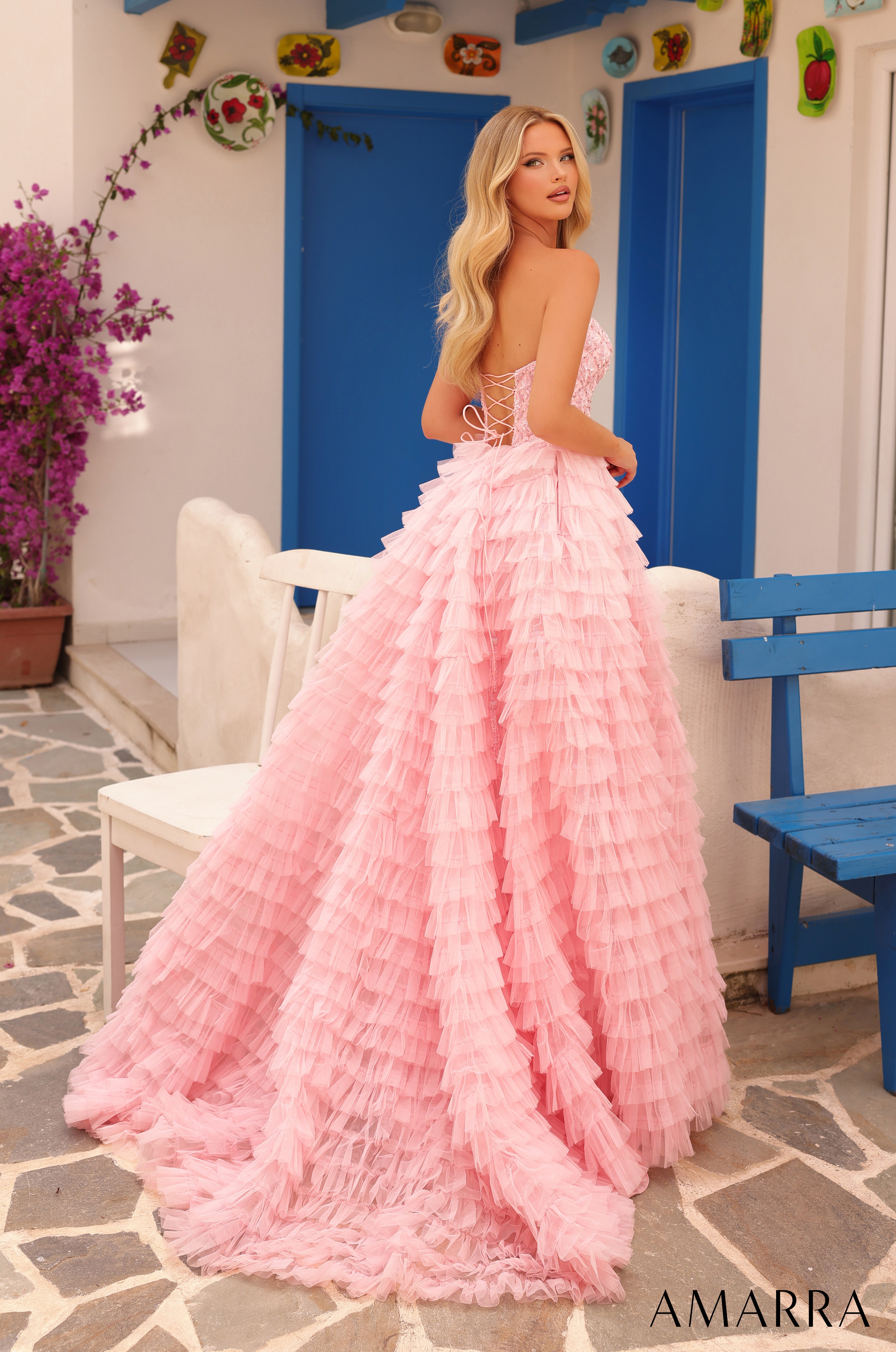 Prom Dresses Beaded Ruffle Long Ball Gown Prom Dress Light Pink