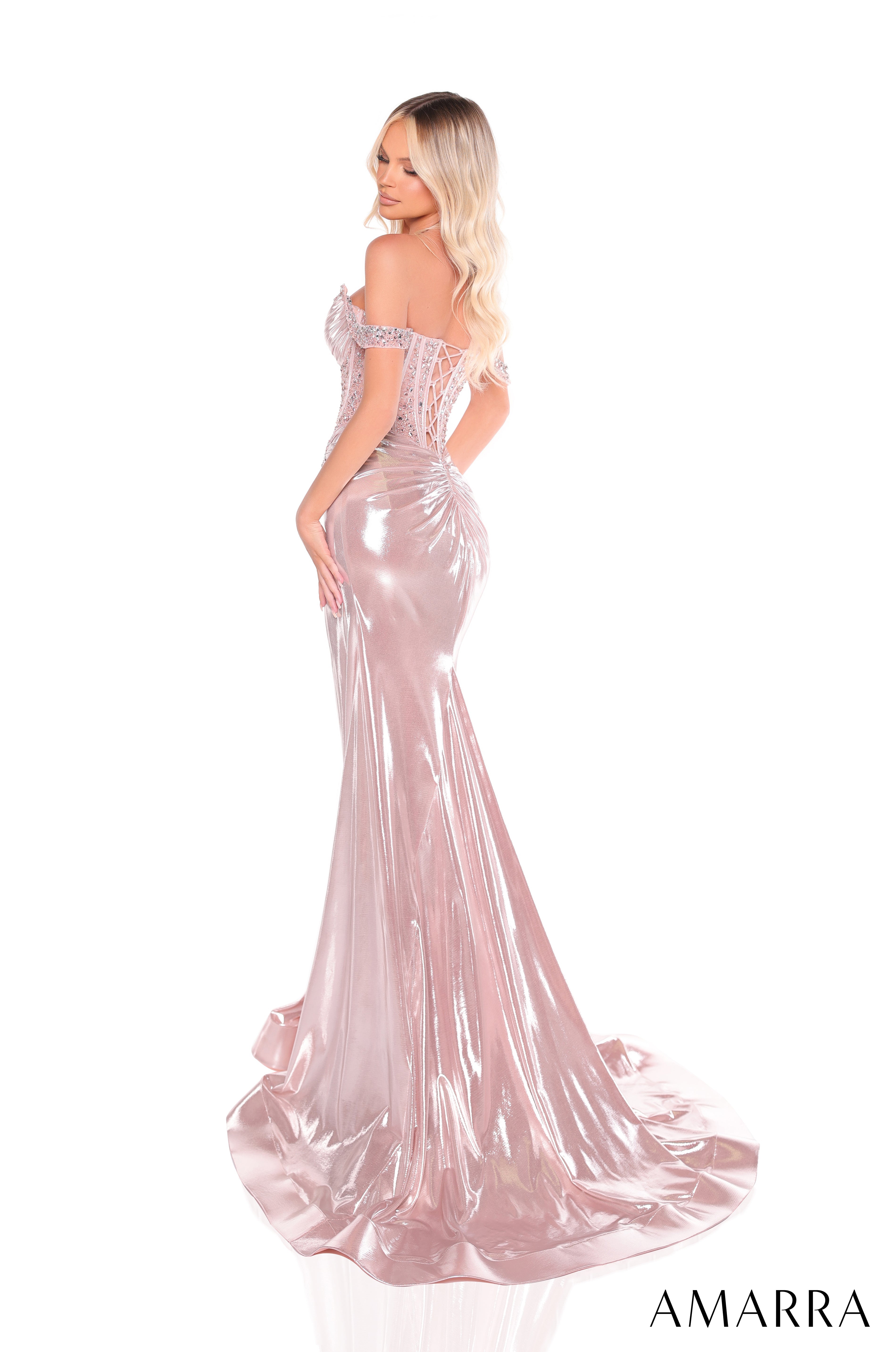 Prom Dresses Long Fitted Prom Metallic Formal Beaded Formal Dress Blush