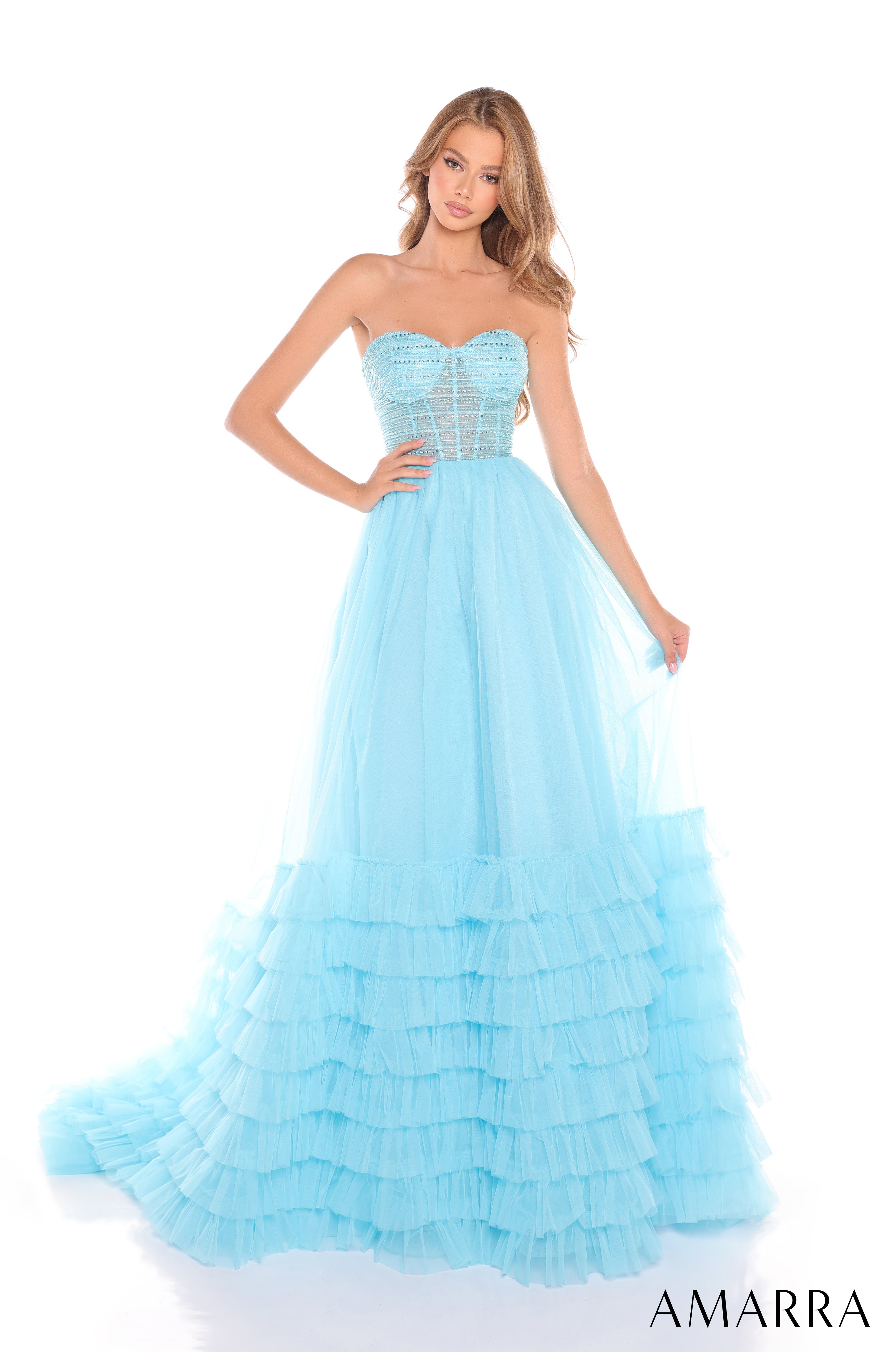 Prom Dresses Beaded Long Ballgown A Line Prom Dress Light Blue