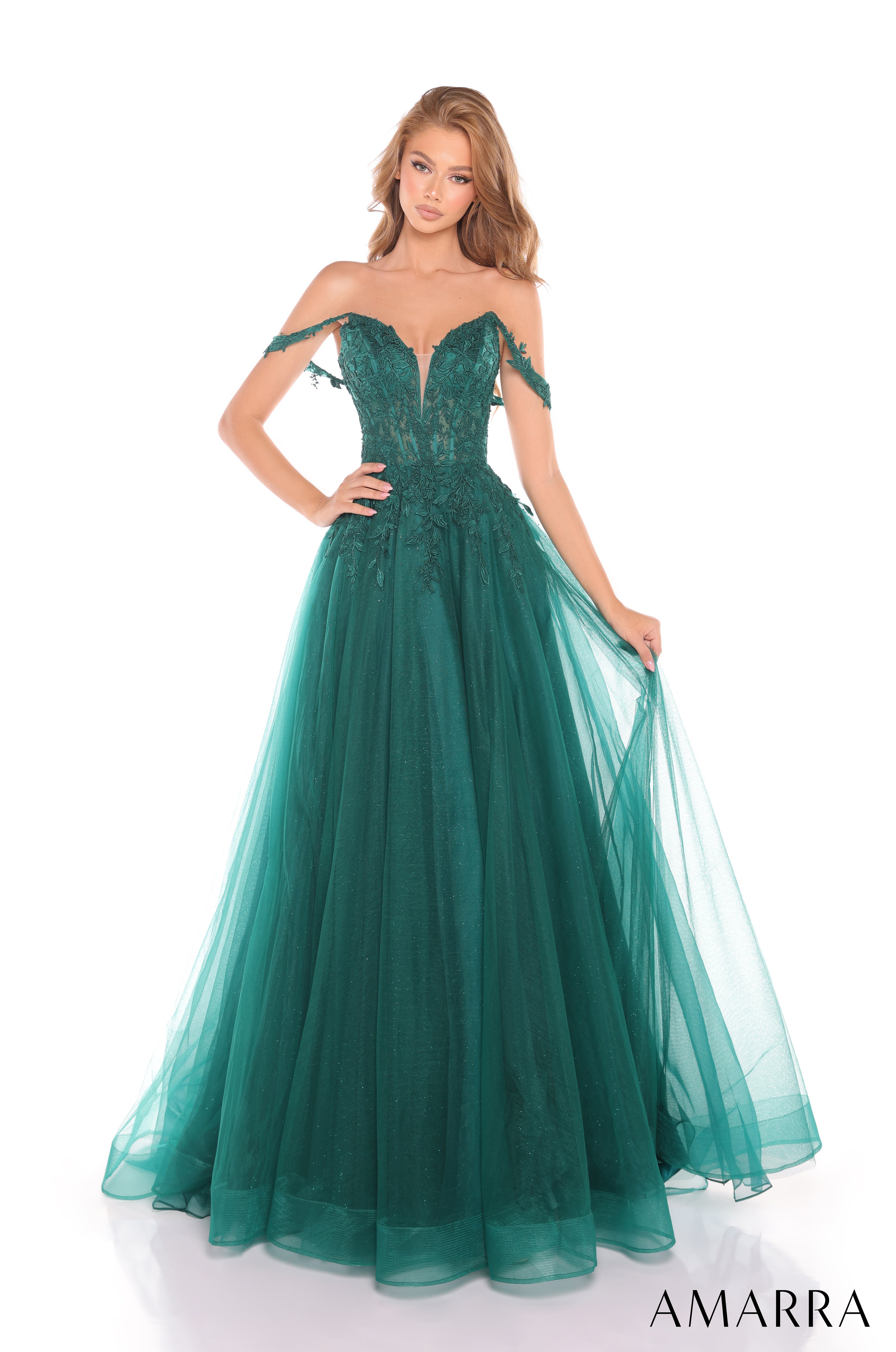 Emerald Amarra 88287 Long Prom A Line Formal Floral Glitter Dress