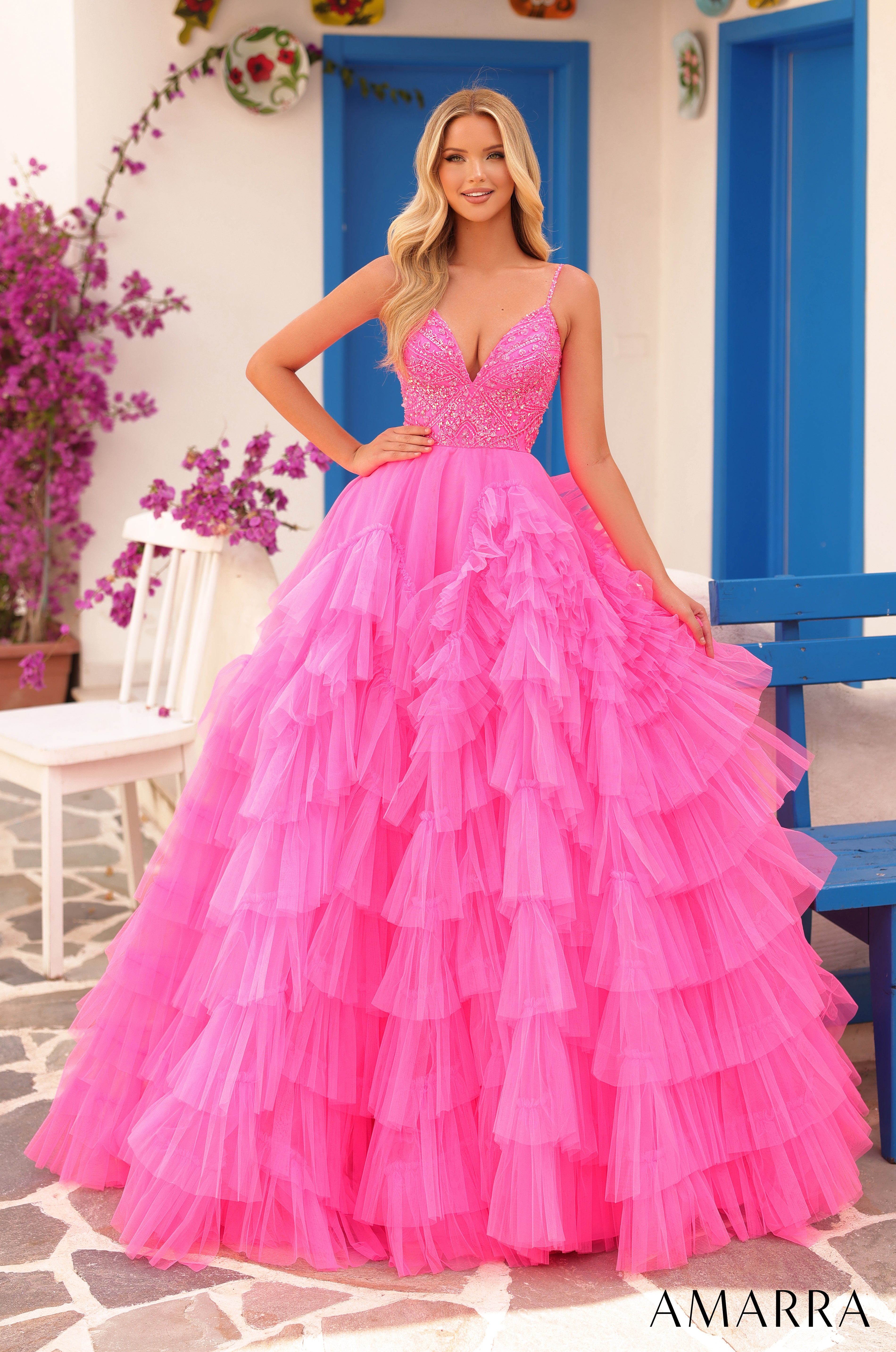 Prom Dresses Beaded Ball Gown Ruffle Prom Pocket Dress
Hot Pink/Electric Pink