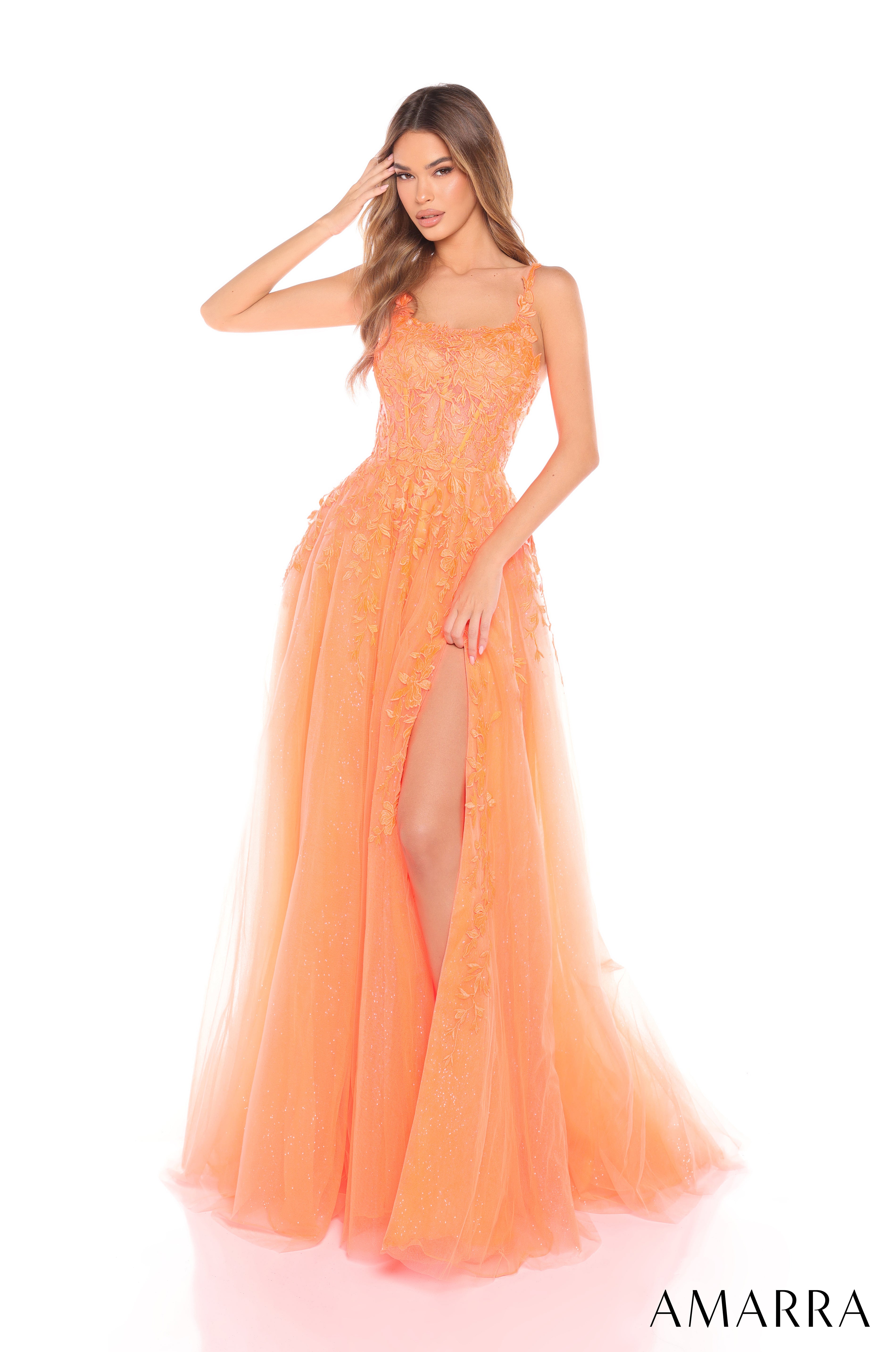 Neon Orange Amarra 88310 Prom Long A Line Formal Glitter Floral