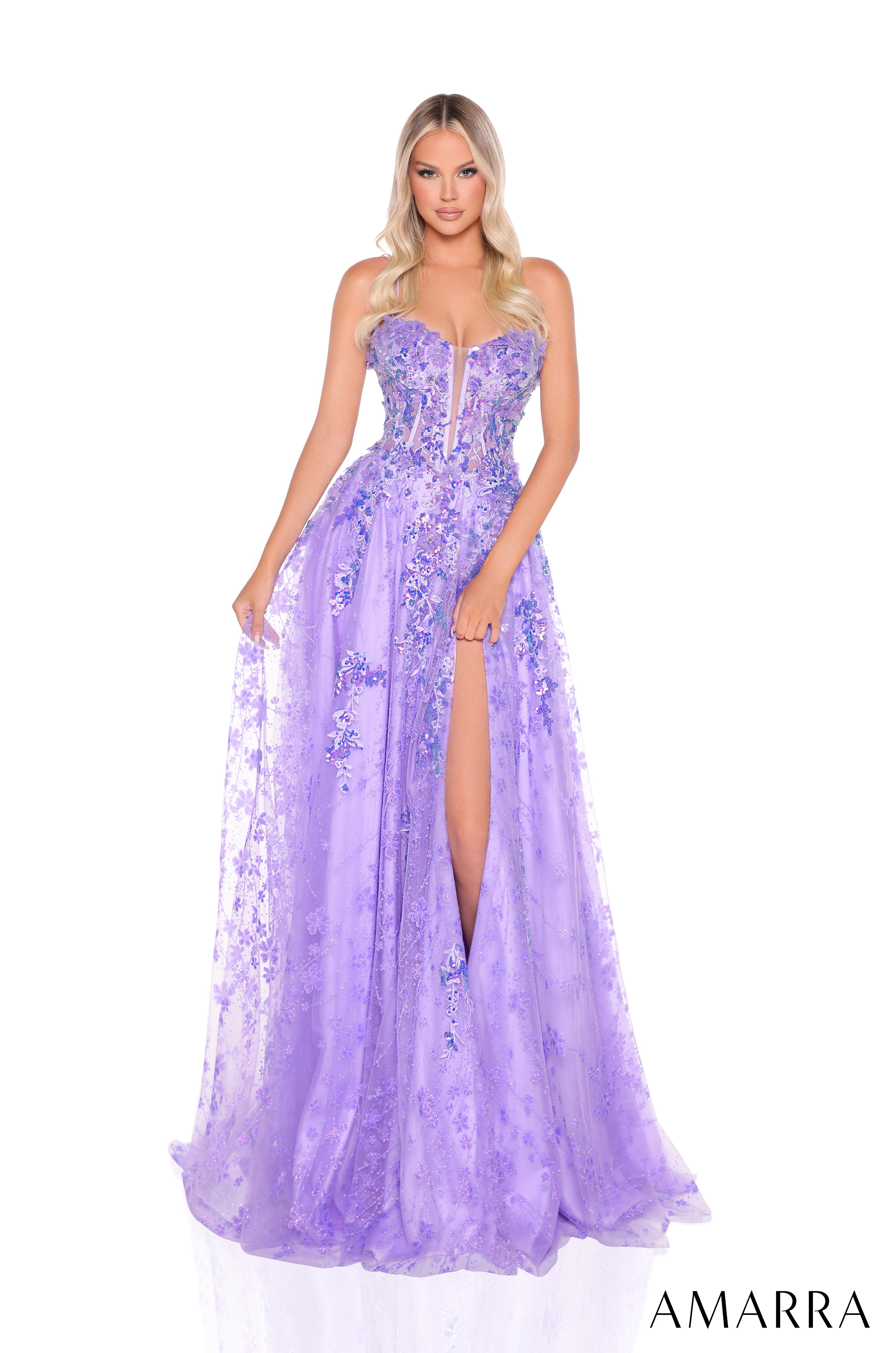 Prom Dresses Prom A Line Slit Formal 3D Sequin Dress Lavender