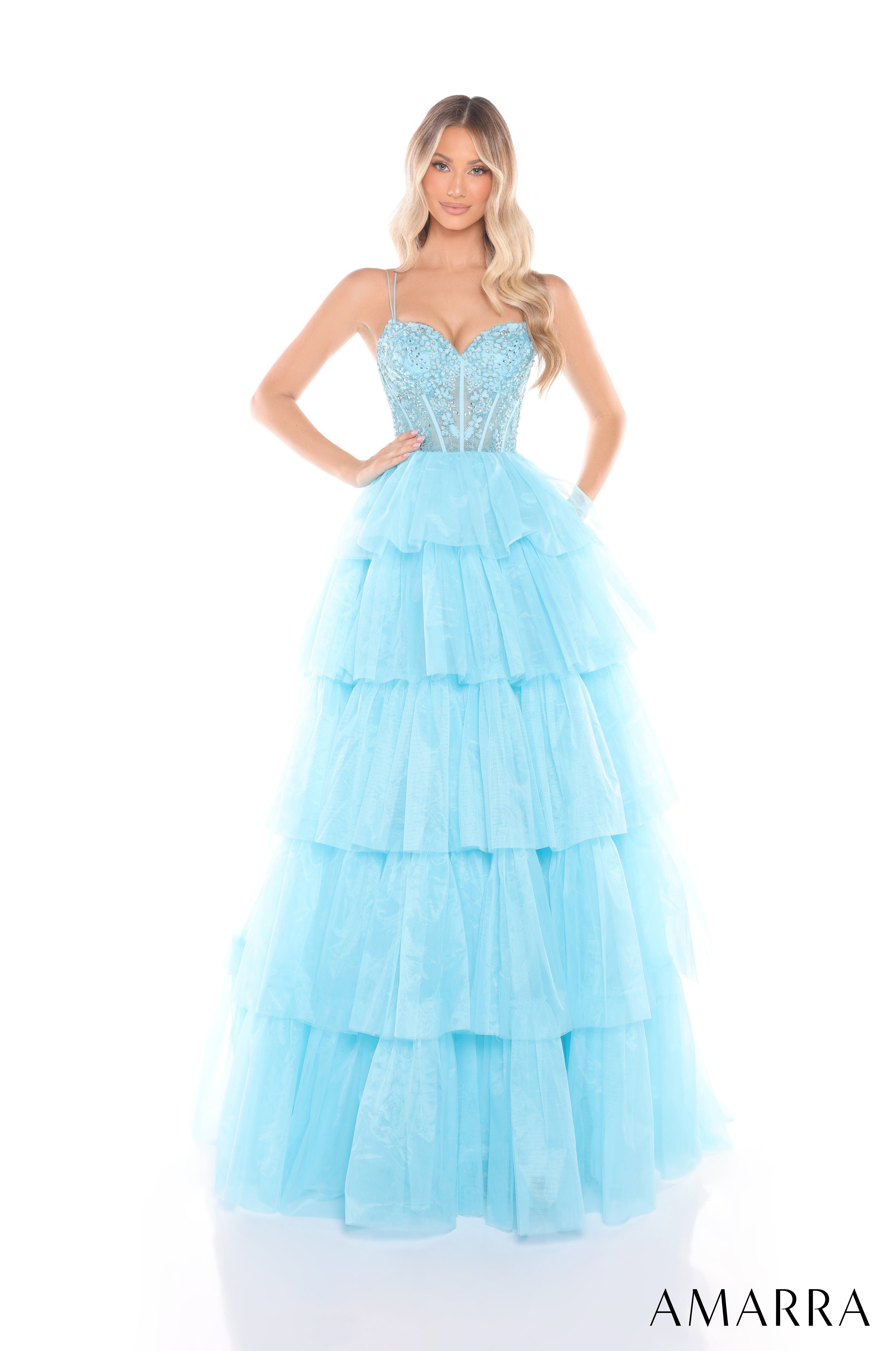 Prom Dresses Beaded Long Ball Gown Formal Ruffle Prom Dress Light Blue