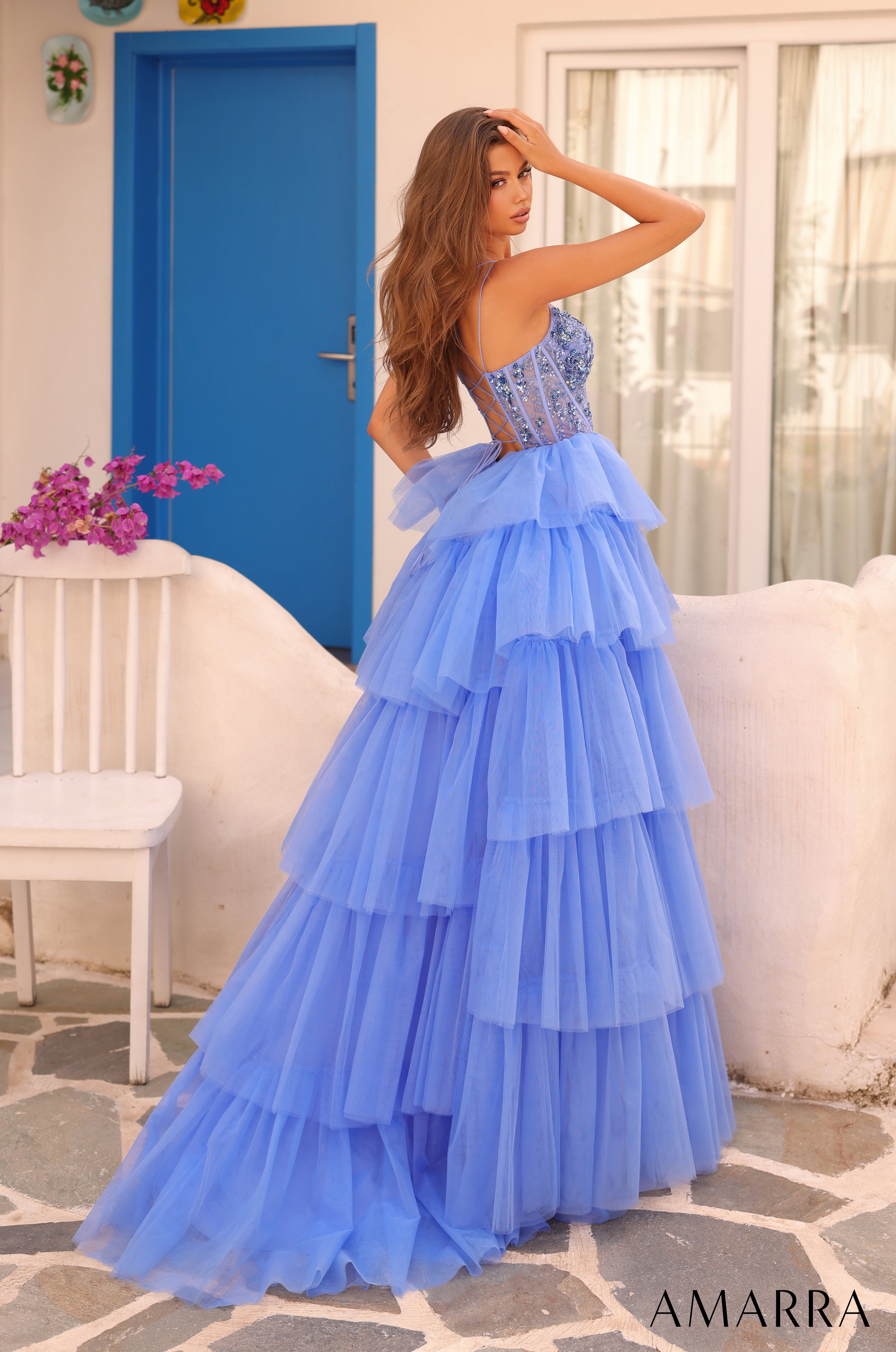 Prom Dresses Beaded Long Ball Gown Formal Ruffle Prom Dress Periwinkle