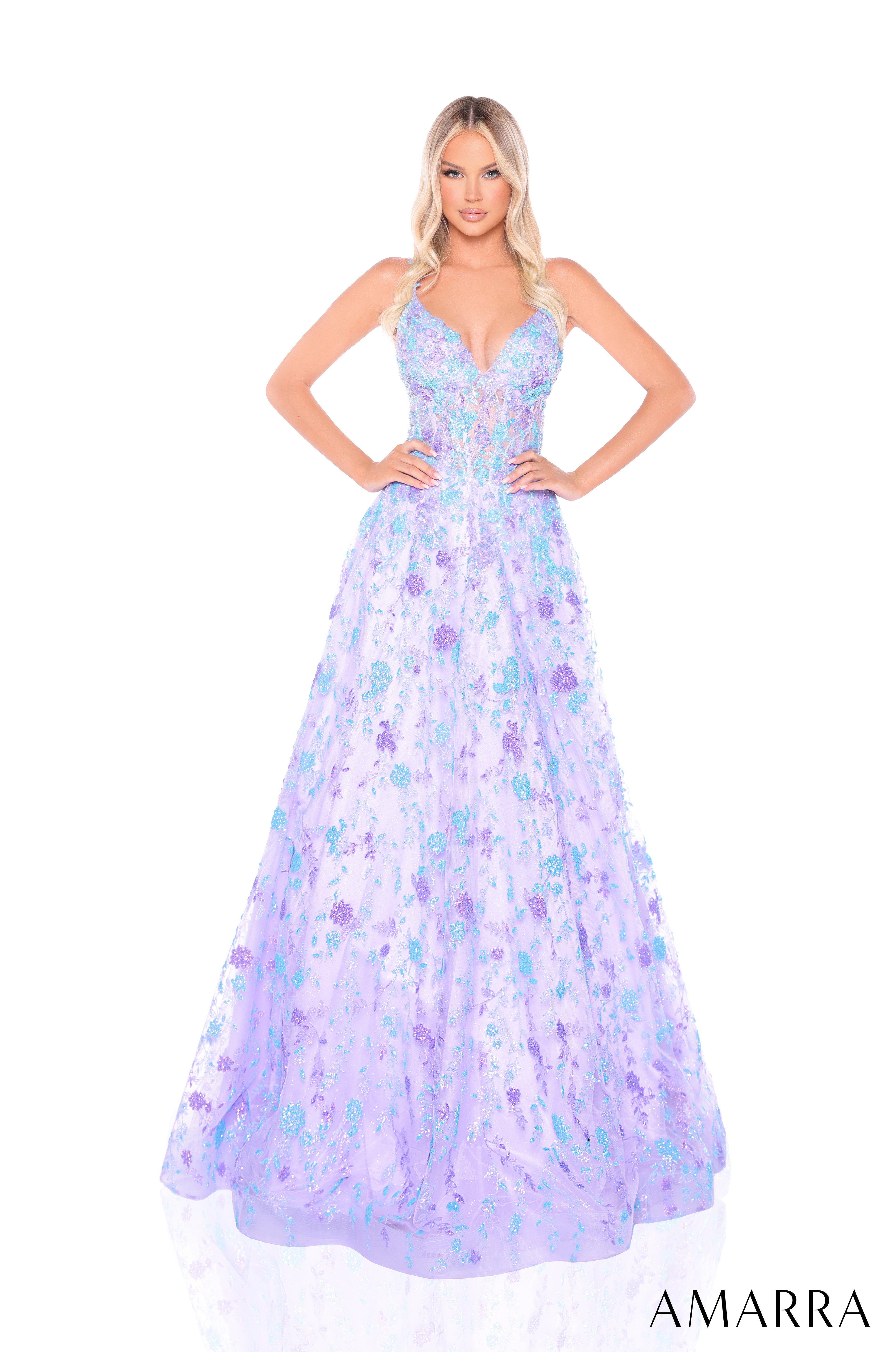 Prom Dresses Glitter Print Long Ball Gown Sequin Prom Dress Lilac/Light Blue