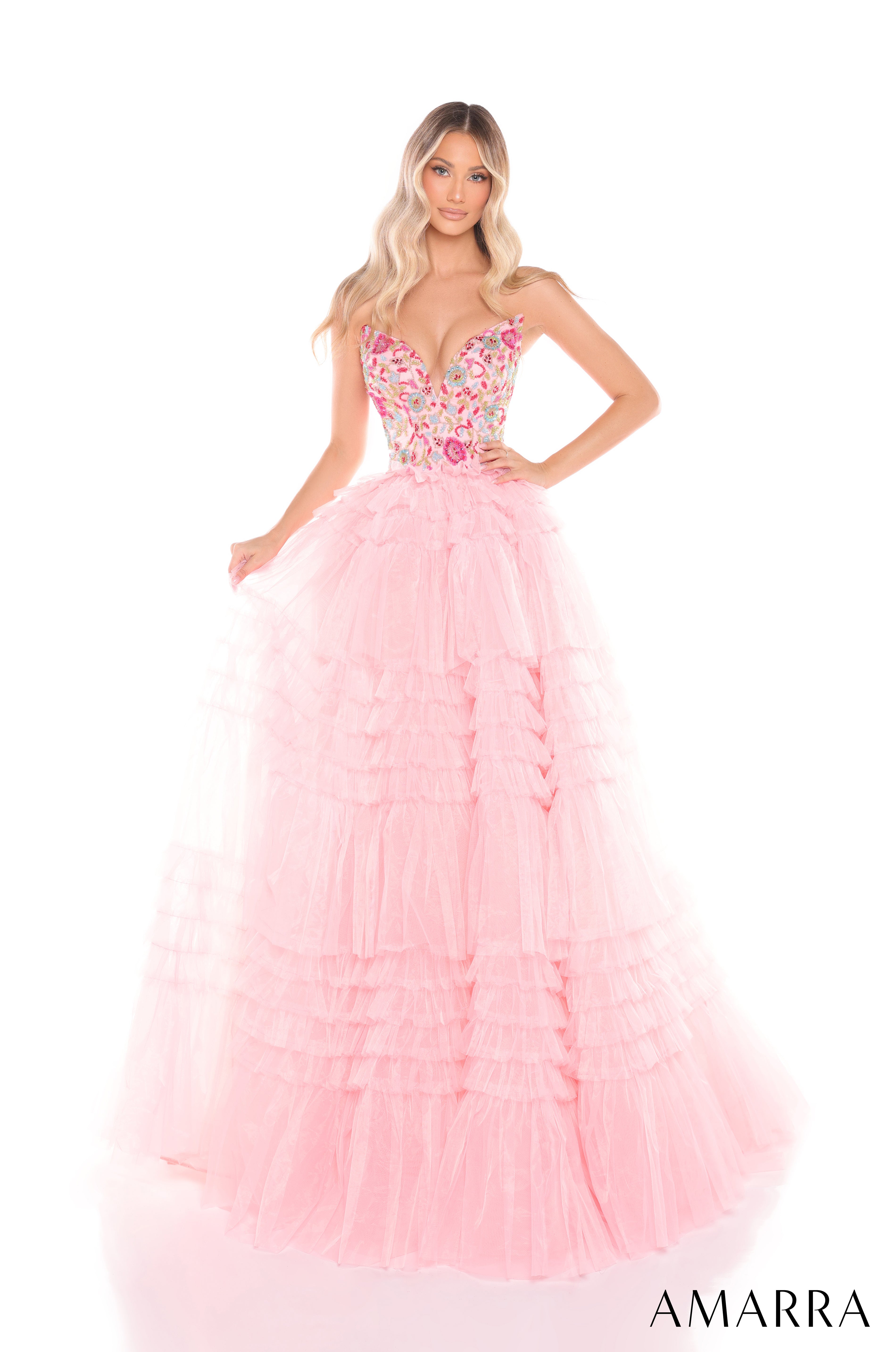 Prom Dresses Long Ball Gown Beaded Ruffle Prom Slit Dress Light Pink/Multi