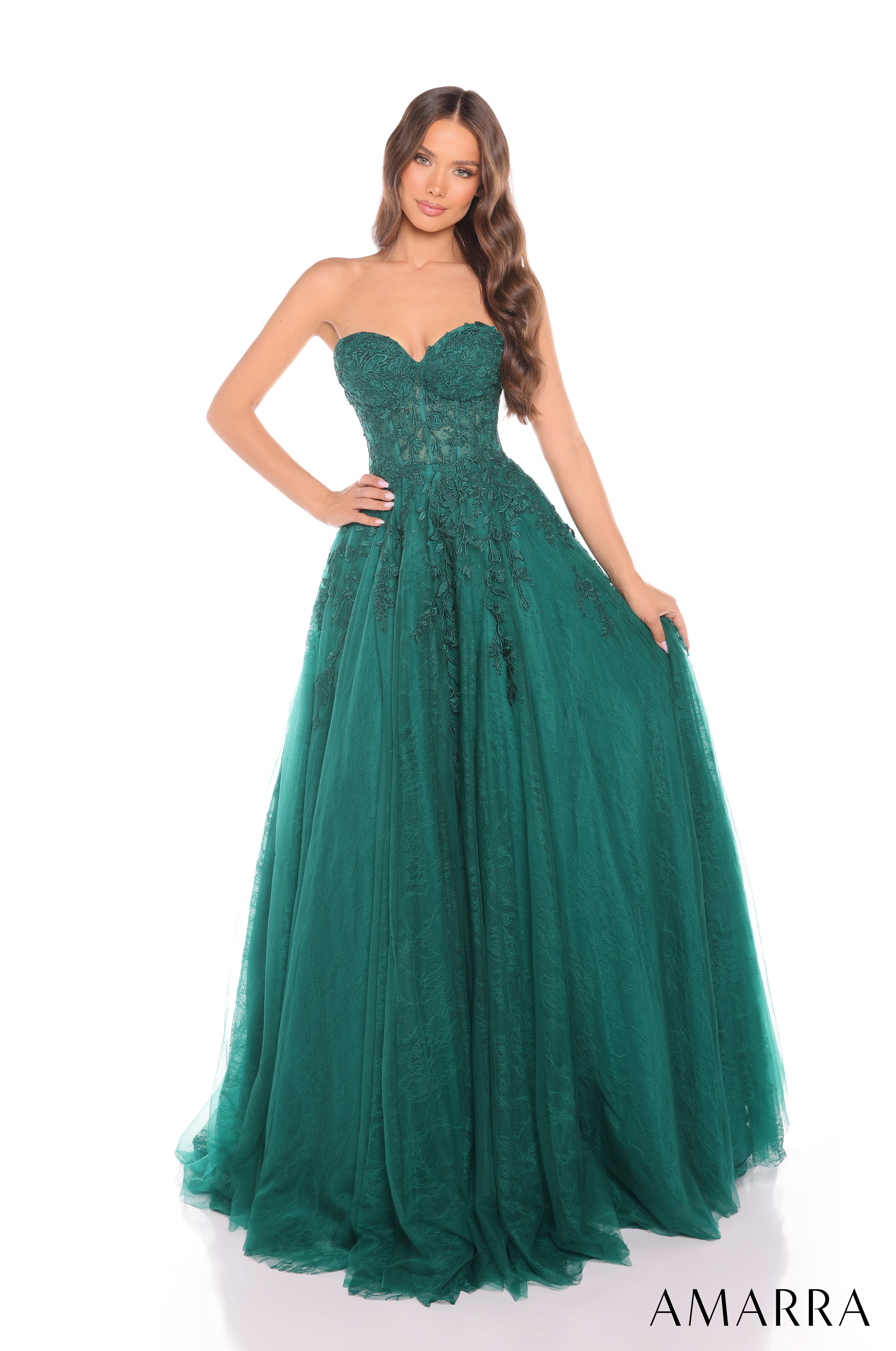 Prom Dresses Long Ball Gown Corset Floral Lace Prom Dress Emerald
