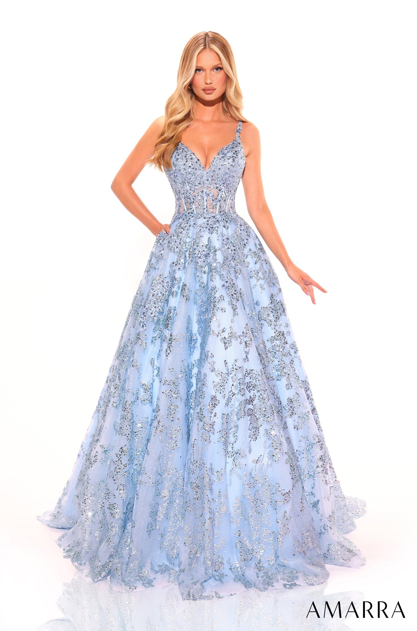 Light Blue V-Neck Floor-Length Sequin Prom Dress with Lace-Up Back Amarra 88727