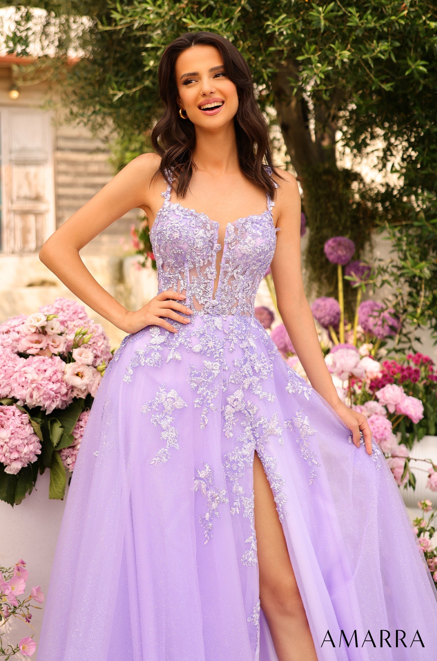 Lilac Sweetheart Floor-Length Shimmer Tulle Prom Dress Floral Lace Amarra 88735