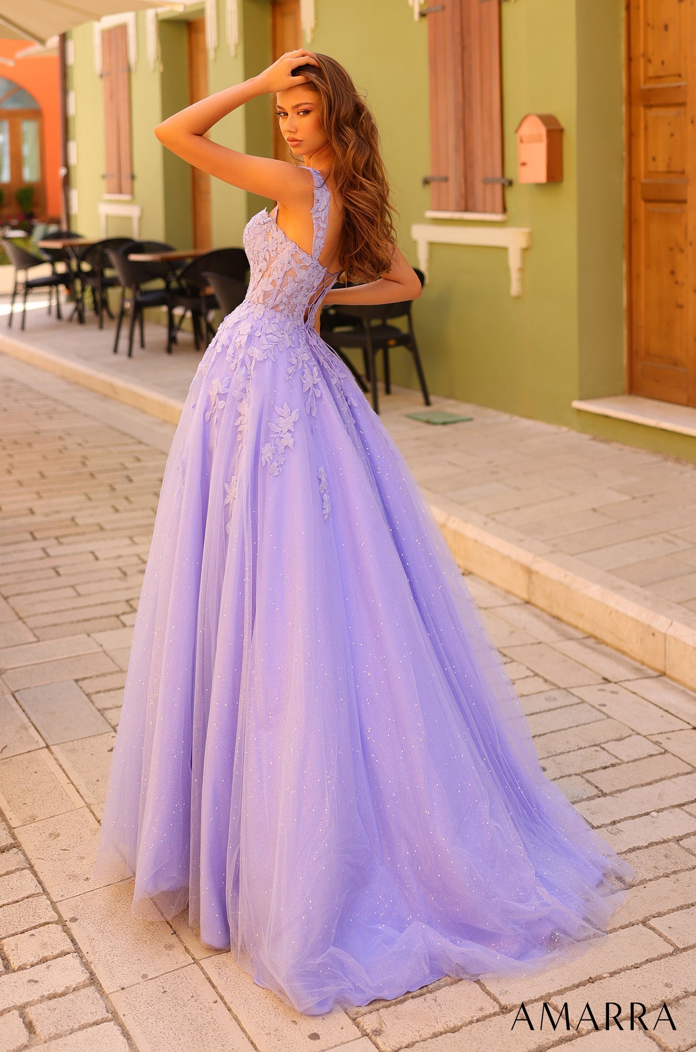 Periwinkle Sweetheart Floor-Length Shimmer Tulle Prom Dress Floral Lace Amarra 88739