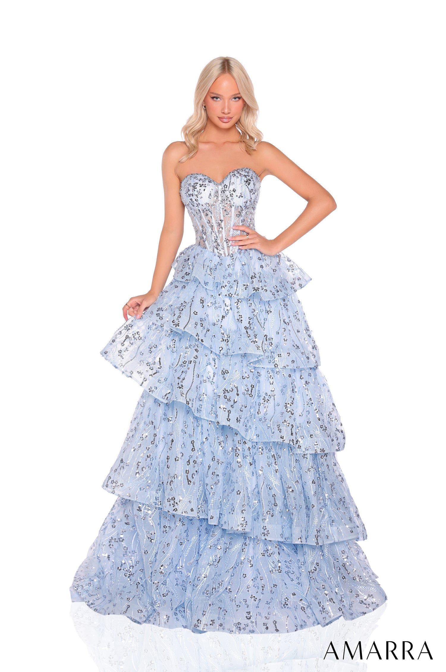 Prom Dresses Long Ruffle A Line Prom Formal Dress Amarra 88934 Light Blue
