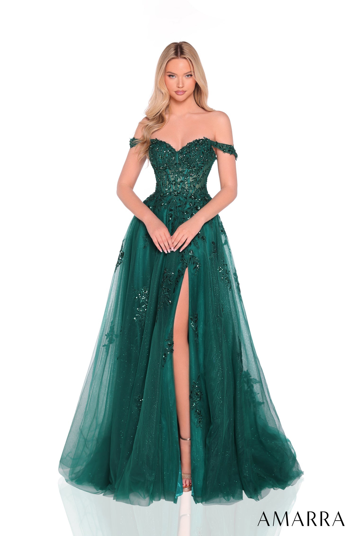 Prom Dresses Long Lace Slit Formal Prom Dress Amarra 88938 Emerald