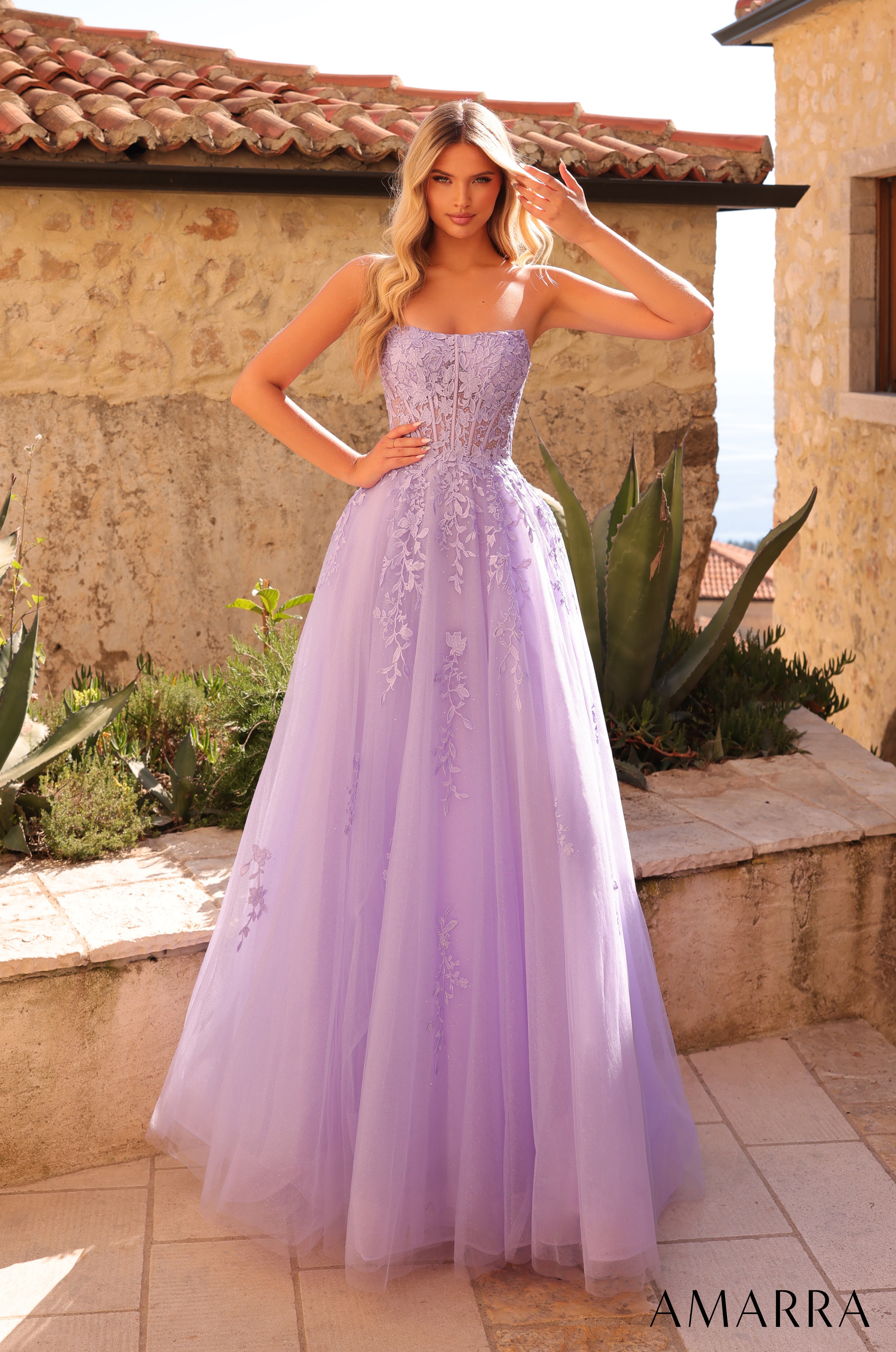 Prom Dresses Long Formal Corset Ball Gown Lace Prom Dress Amarra 88950 Lilac