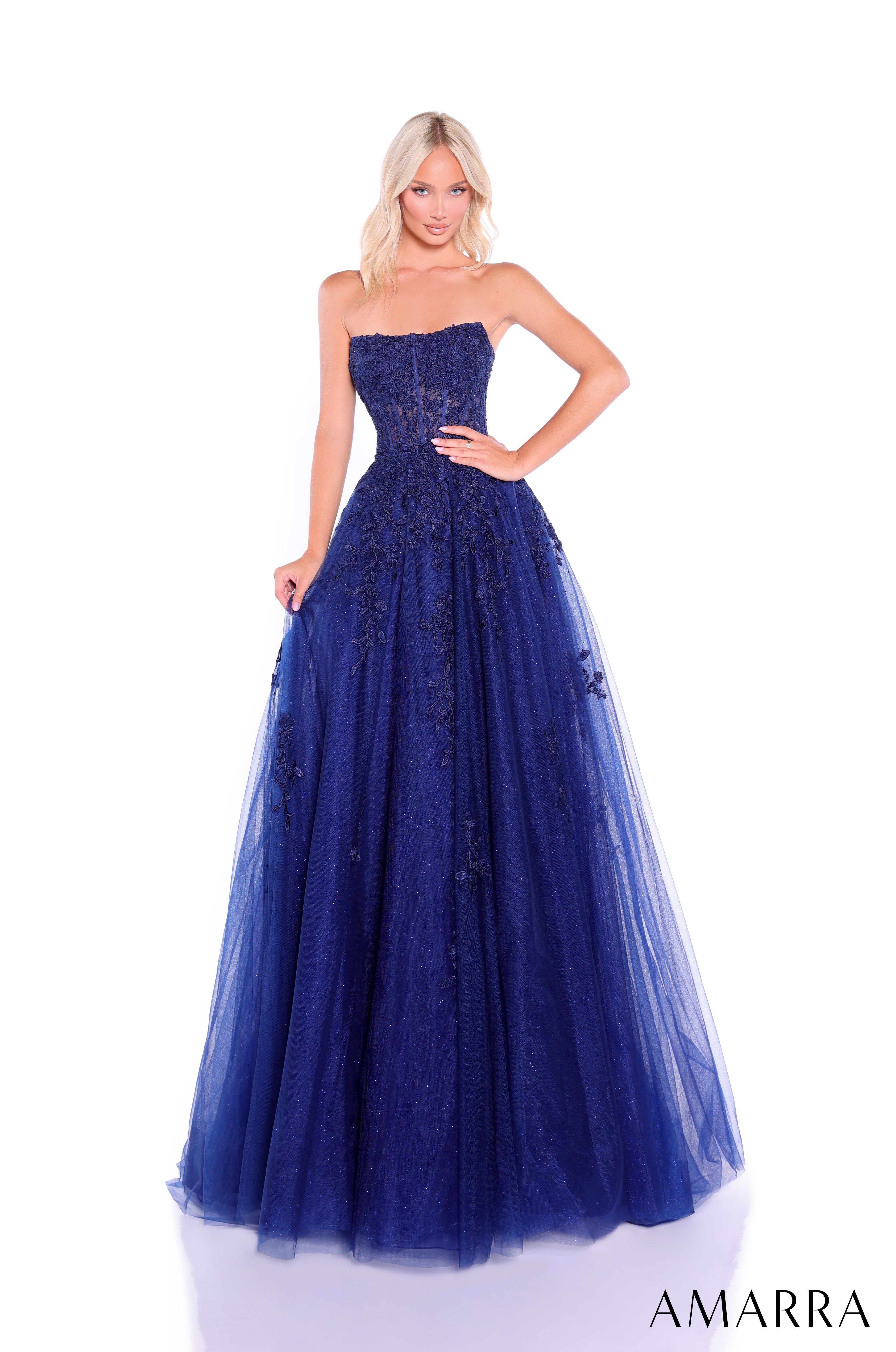 Prom Dresses Long Formal Corset Ball Gown Lace Prom Dress Amarra 88950 Navy